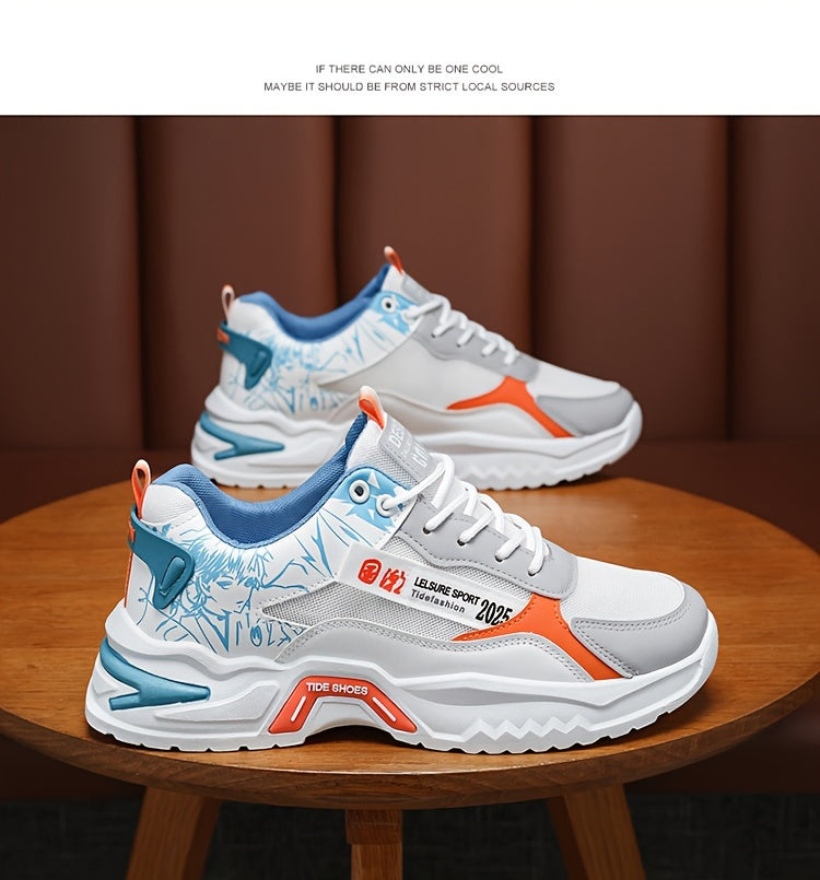 Men's Stylish Platform Sneakers with Wave Pattern - Comfortable, Non-Slip & Durable for Outdoor, Campus Walks & Travel | Lace-Up, Breathable Design, for Autumn, Spring