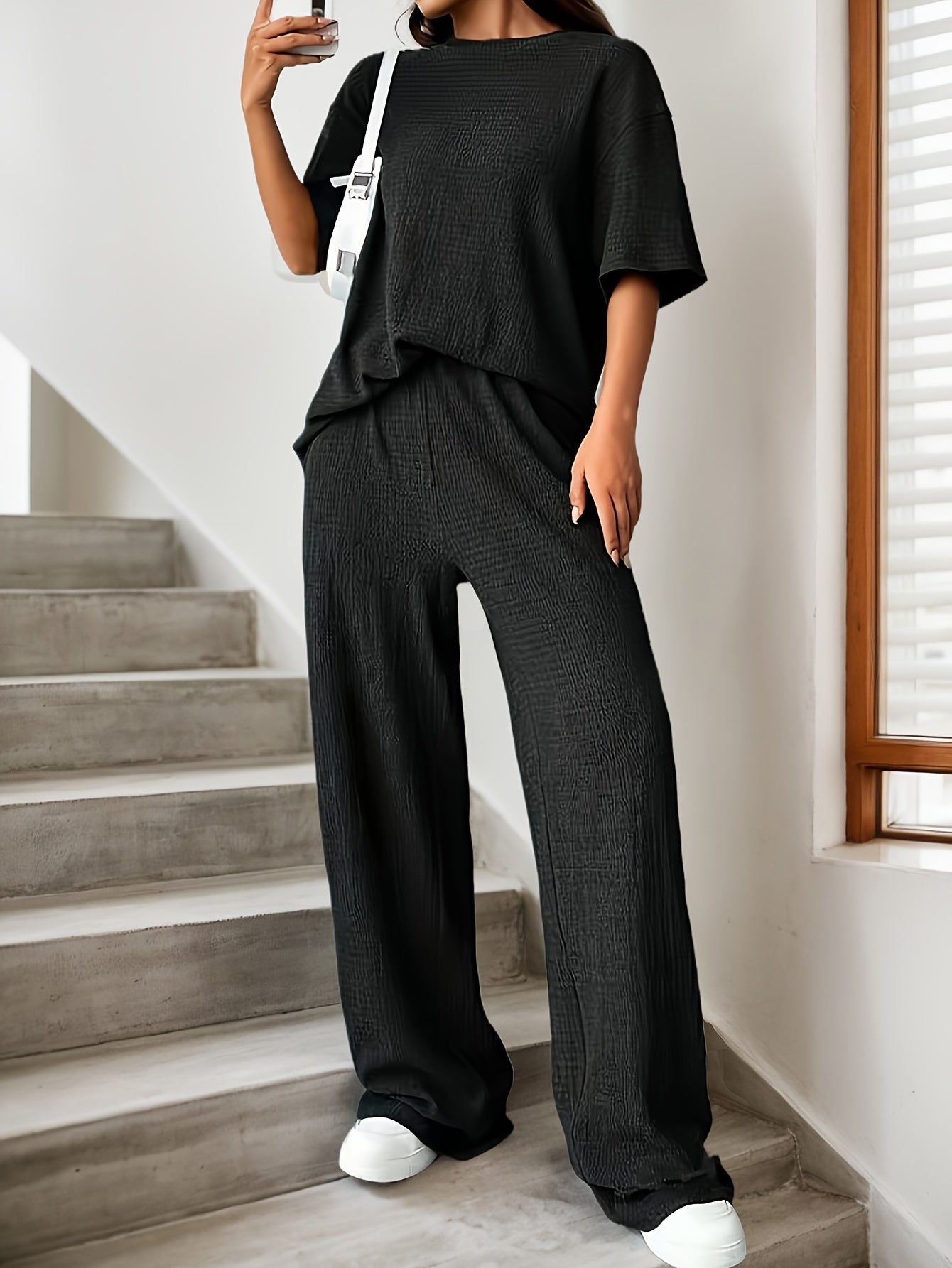 Women'S Elegant Solid Color Crew Neck T-Shirt and Pants Set, Polyester Knit Fabric, 95% Polyester 5% Elastane, Casual Drop Shoulder Outfit for Spring/Summer, 170g/m²