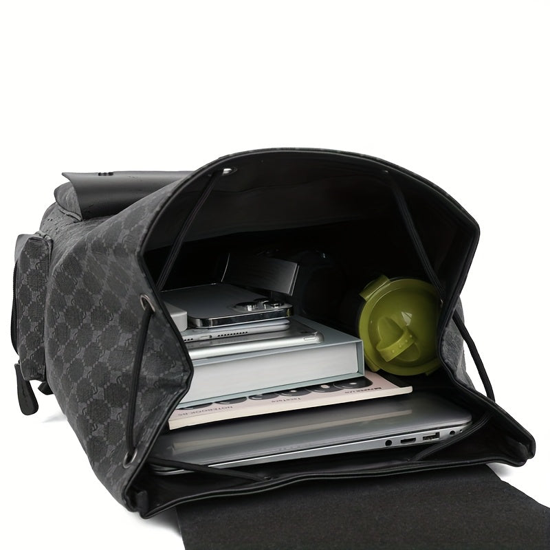 Men's Retro Geometric Print Drawstring Backpack - Casual British Style Durable Fabric with Multiple Compartments & Padded Straps for Daily Commute, Work, Travel, Backpack for Travel, Modern Logo Design, Highquality Straps, Ur