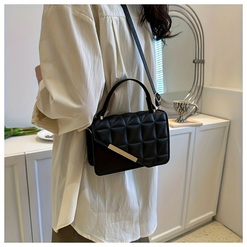 Diamond Quilted Pattern, Adjustable Shoulder Strap Fashion Small PU Crossbody Bag - White, Black, Khaki, Sky Blue, Messenger Bag, Lightweight, Removable Strap, Zipper Closure, Polyester Lining, No Printing, No Edge Paint