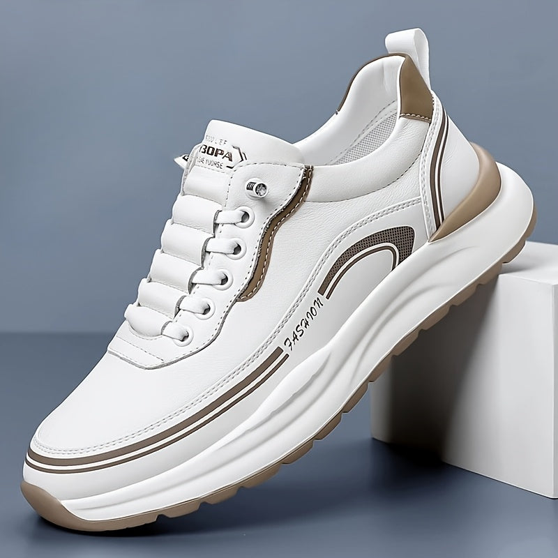 Men's Breathable Lightweight Casual Sneakers - Soft EVA Sole, White & Brown Low-Top Lace-Up Shoes for Casual Attire & Light Running, All-Season Comfort, Sleek Shoe Design, Daily Walking, Minimalist Style, Flexible Sole, Urban