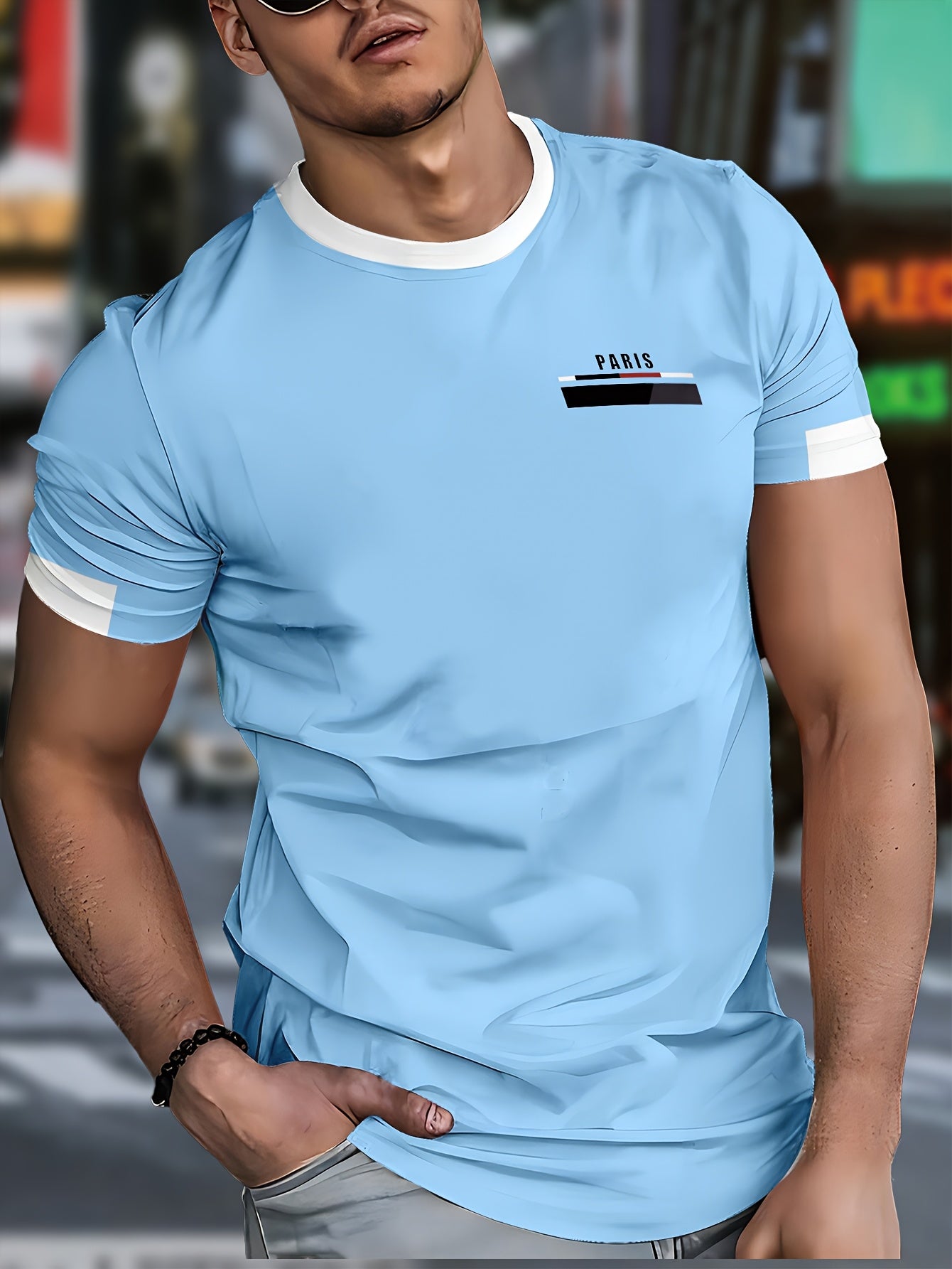 Men'S Paris Graphic T-Shirt - Green Polyester Crew Neck Tee with White Stripes & Print - Casual Sporty Knit Top for Casual Attire, Breathable Fabric