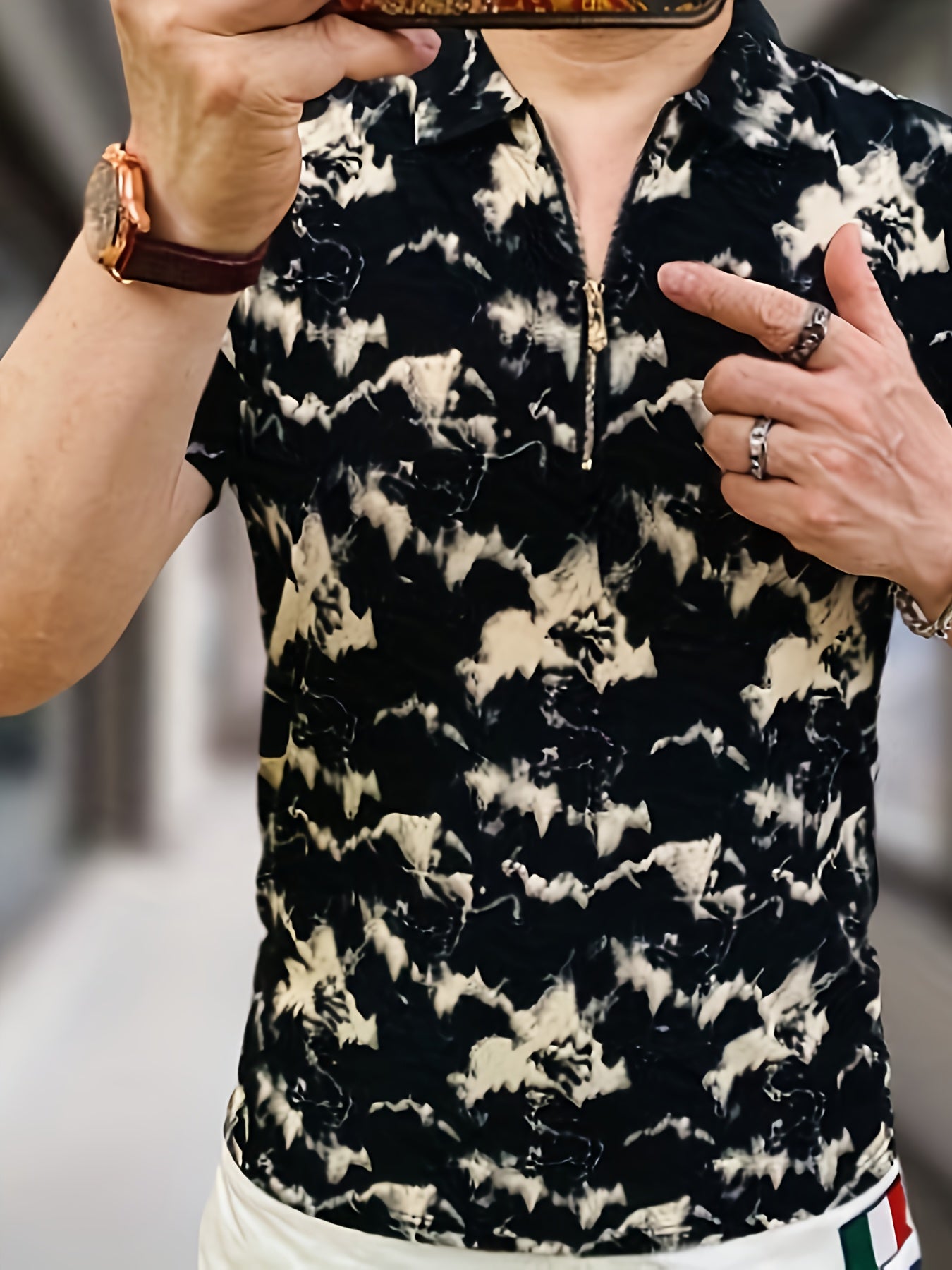 Men's Summer Short Sleeve Shirt - Breathable Color-Block Abstract Print, Stand Collar Casual Regular Fit, Hand Wash Only for Casual Attire, Trendy Fashion, Lightweight Fabric