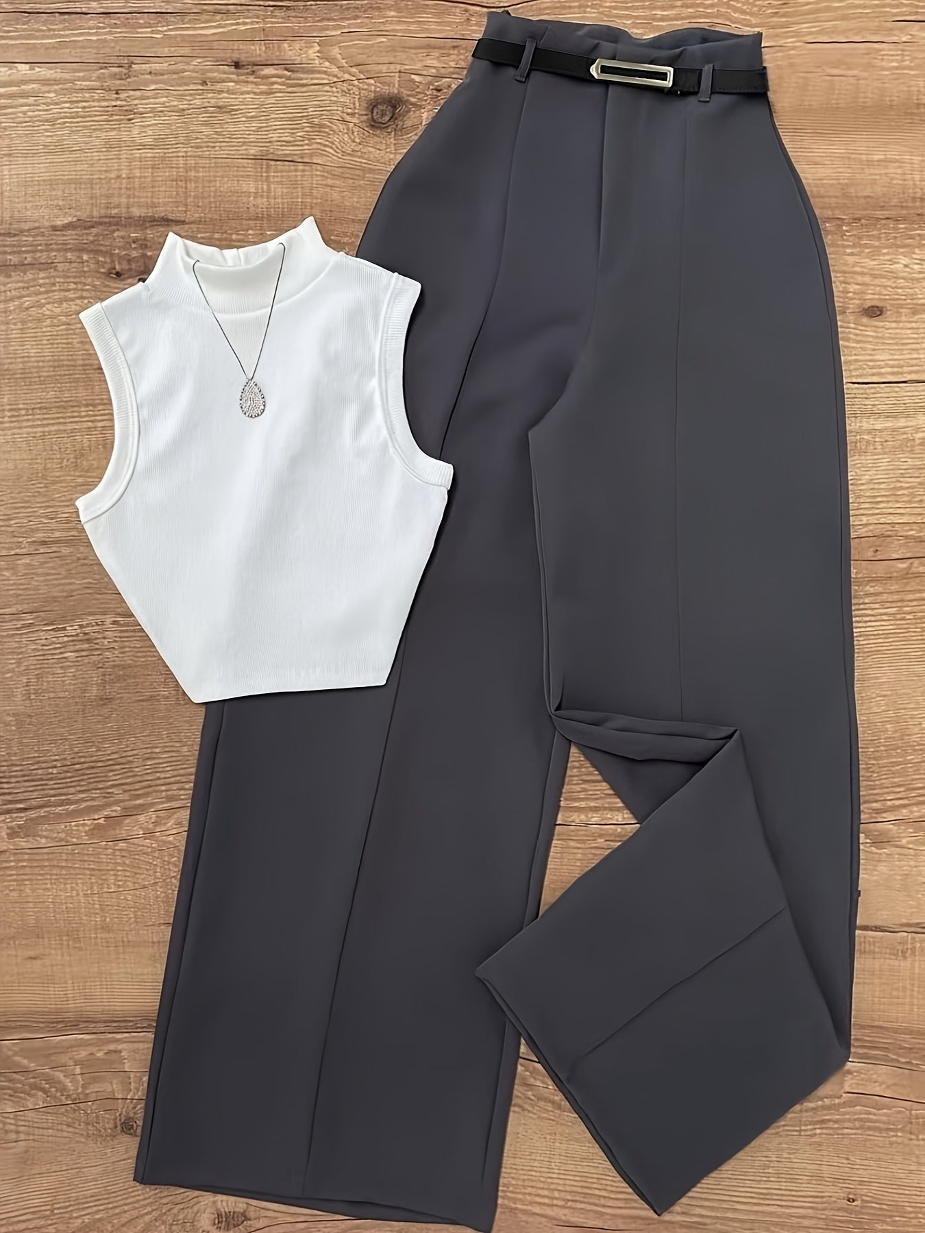 Summer Sexy Half-Turtleneck Sleeveless Vest + Versatile Western Flare Pants Set with Belt