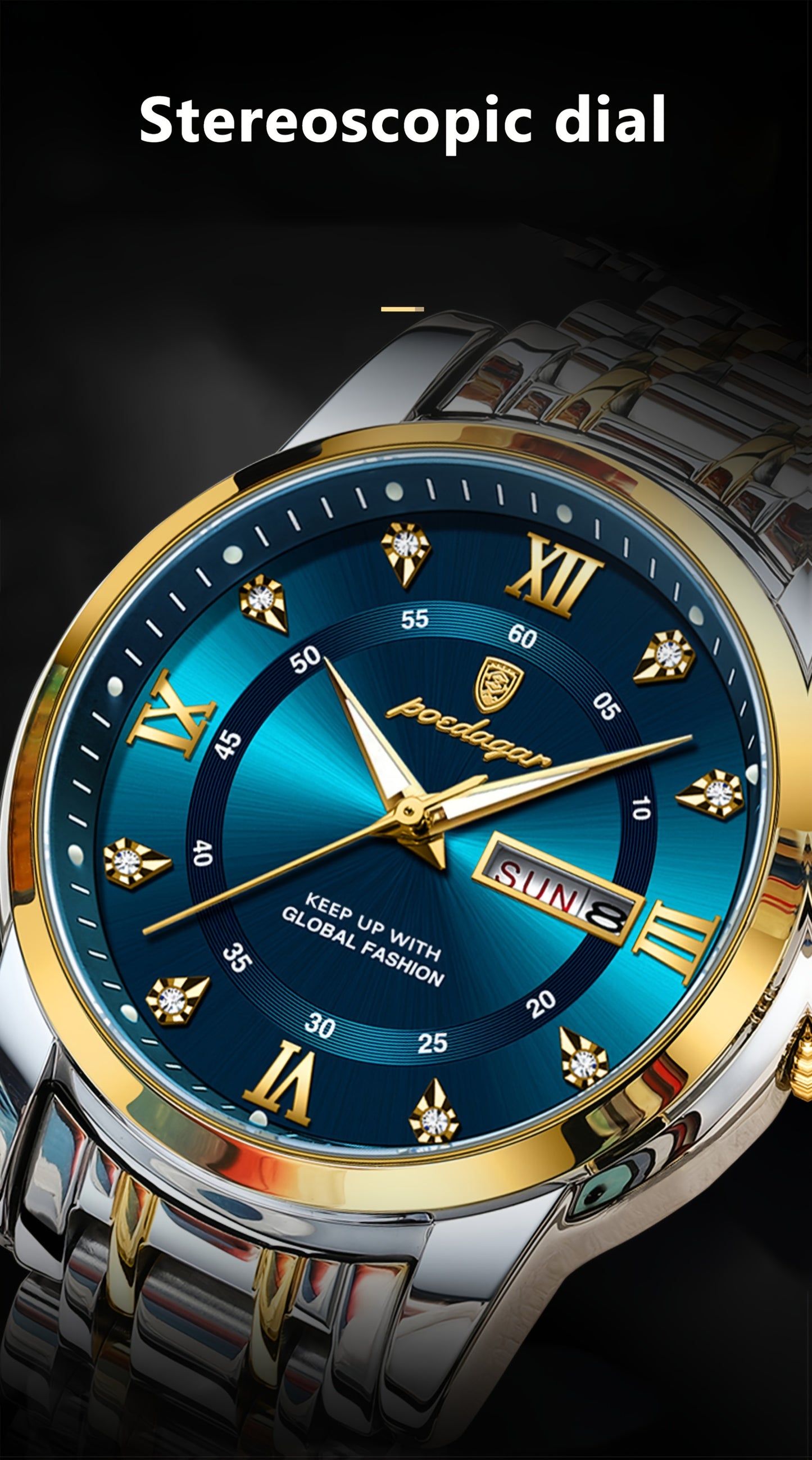 POEDAGAR Men's Luxury Business Quartz Watch - Luminous with Calendar Feature, Stainless Steel Band