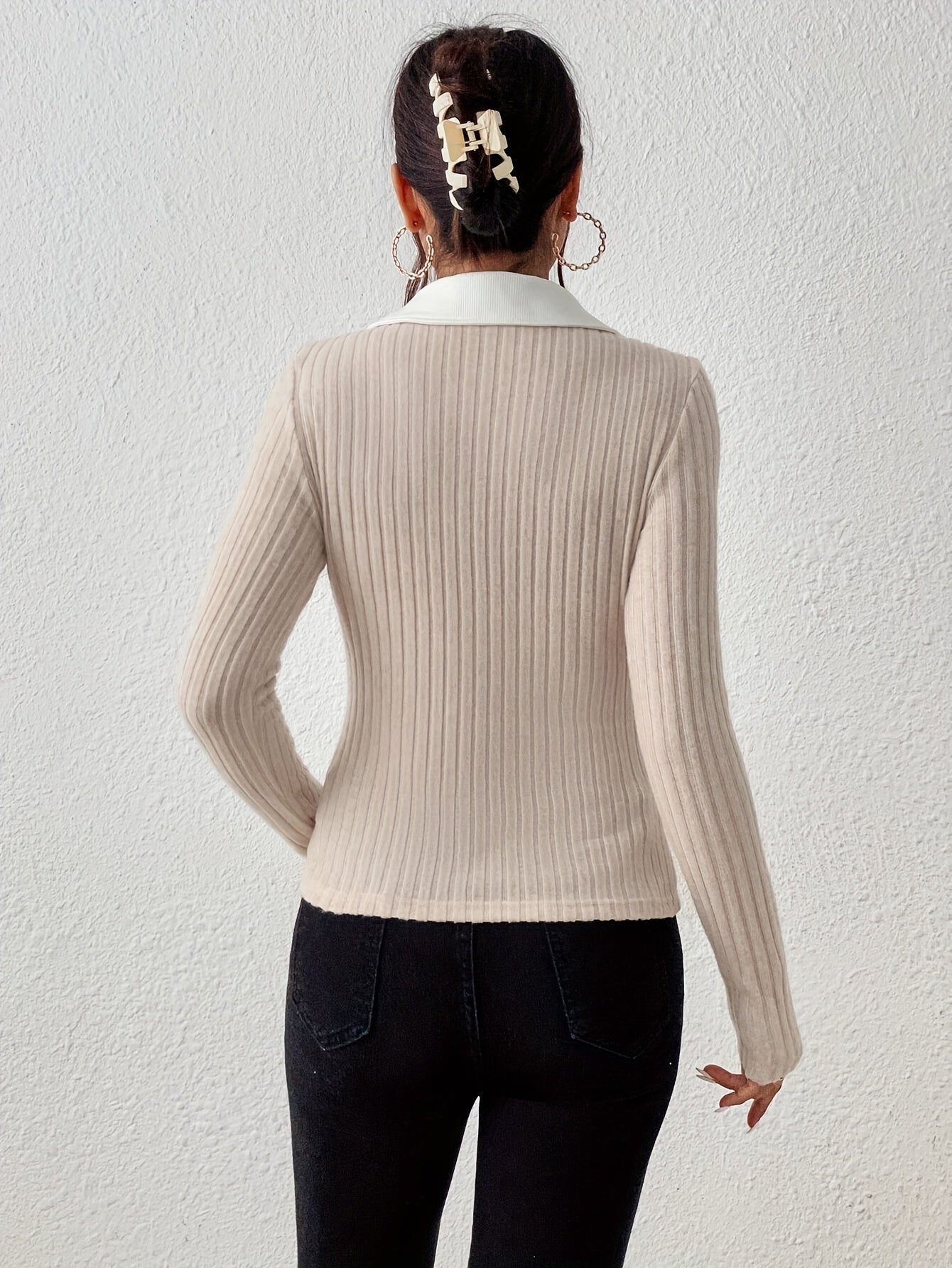 Women'S Ribbed Knit T-Shirt with Contrast Lapel Collar, Solid Color Patchwork, Polyester 67%, Viscose, Elastane 4%, Regular Length, Spring/Fall Season