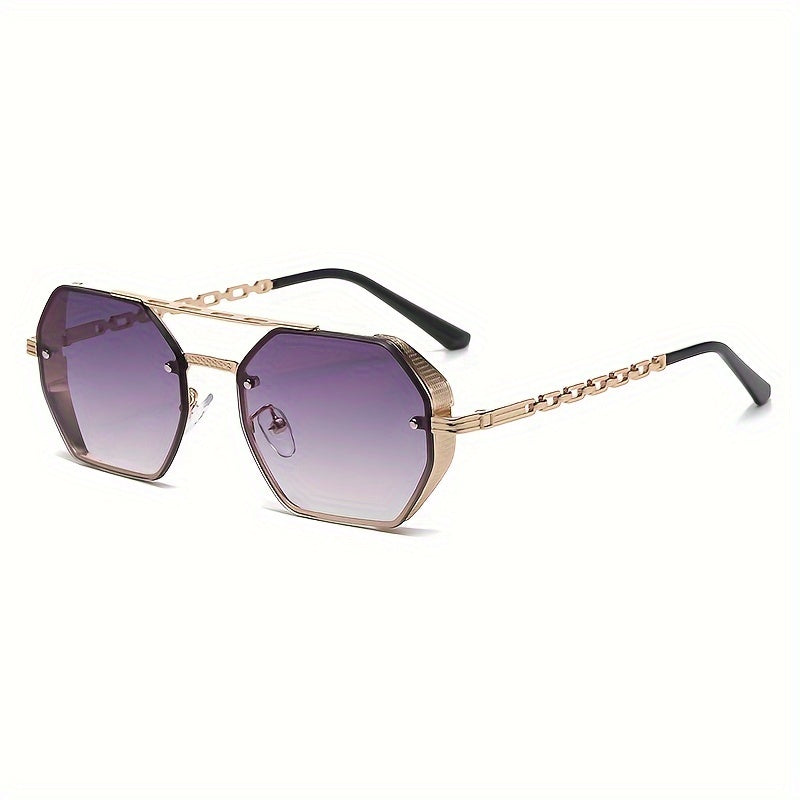 1pc Stylish Polygonal Golden Frame Fashion Glasses with Chain Link Design - Black Metal Fashion Glasses for Fashion-Forward Look