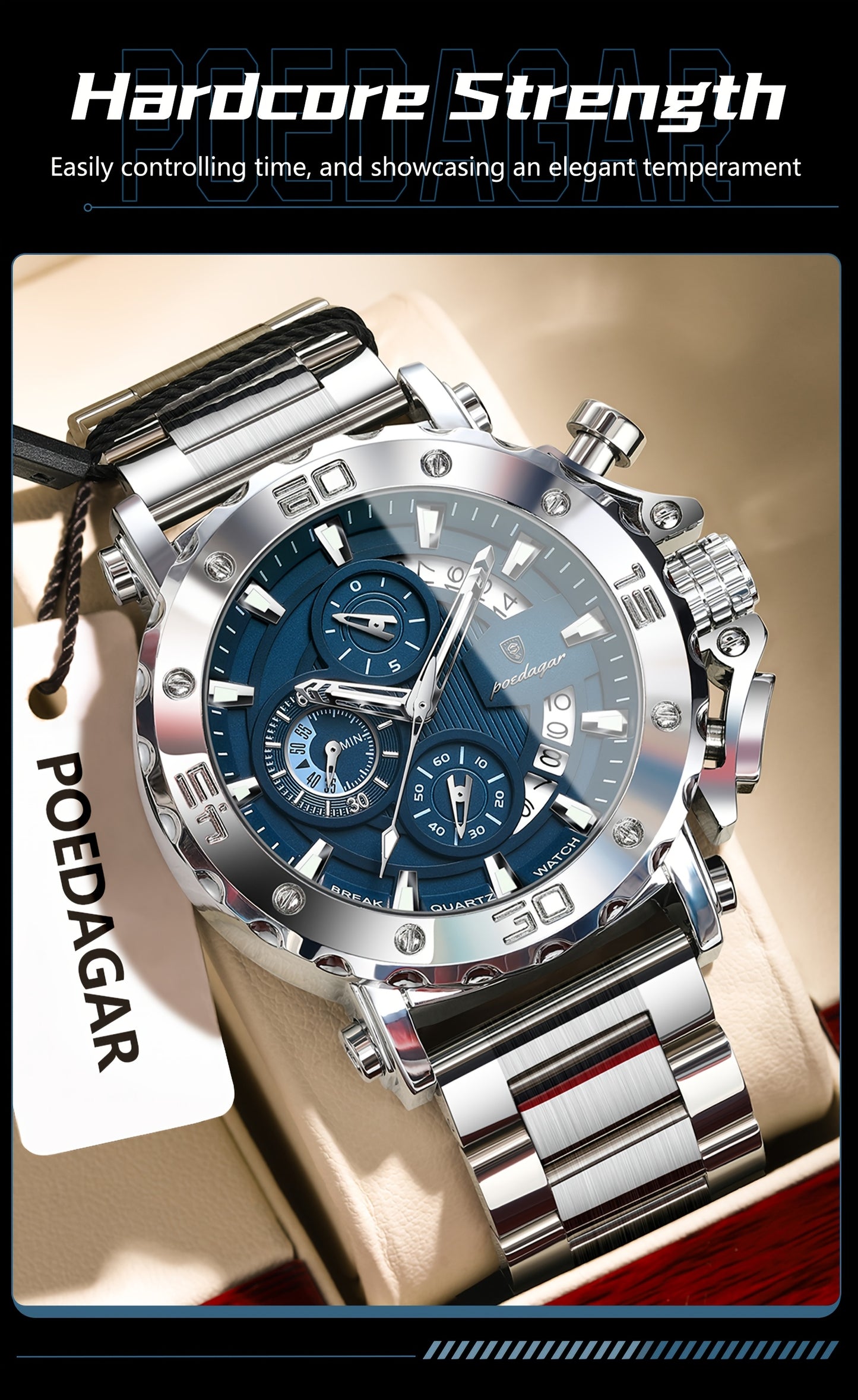 POEDAGAR Men'S Luxury Stainless Steel Business Watch with Date Display, 3ATM Blue Dial, Rotating Bezel, Alloy Case, Quartz Movement - Elegant Formal Accessory, Formal Accessory|Luxurious Watch|Quartz Movement Watch