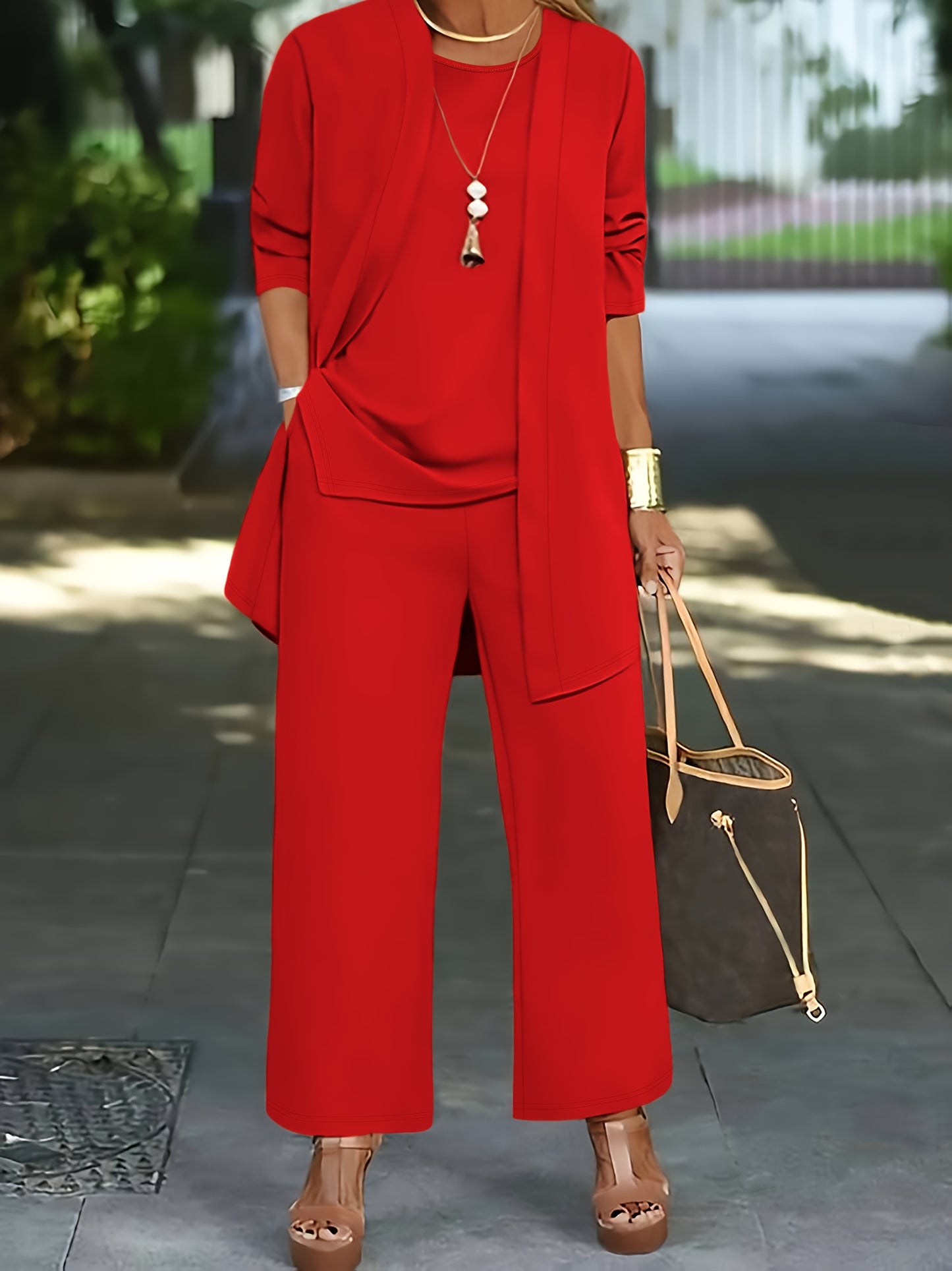 Plus Size - Spring and Autumn Women'S Simple Casual Solid Color Jacket Top Cardigan + Round Neck Sleeveless Vest + Elastic Waist Drape Pocket Straight Pants Three-Piece Set Commuting Suit