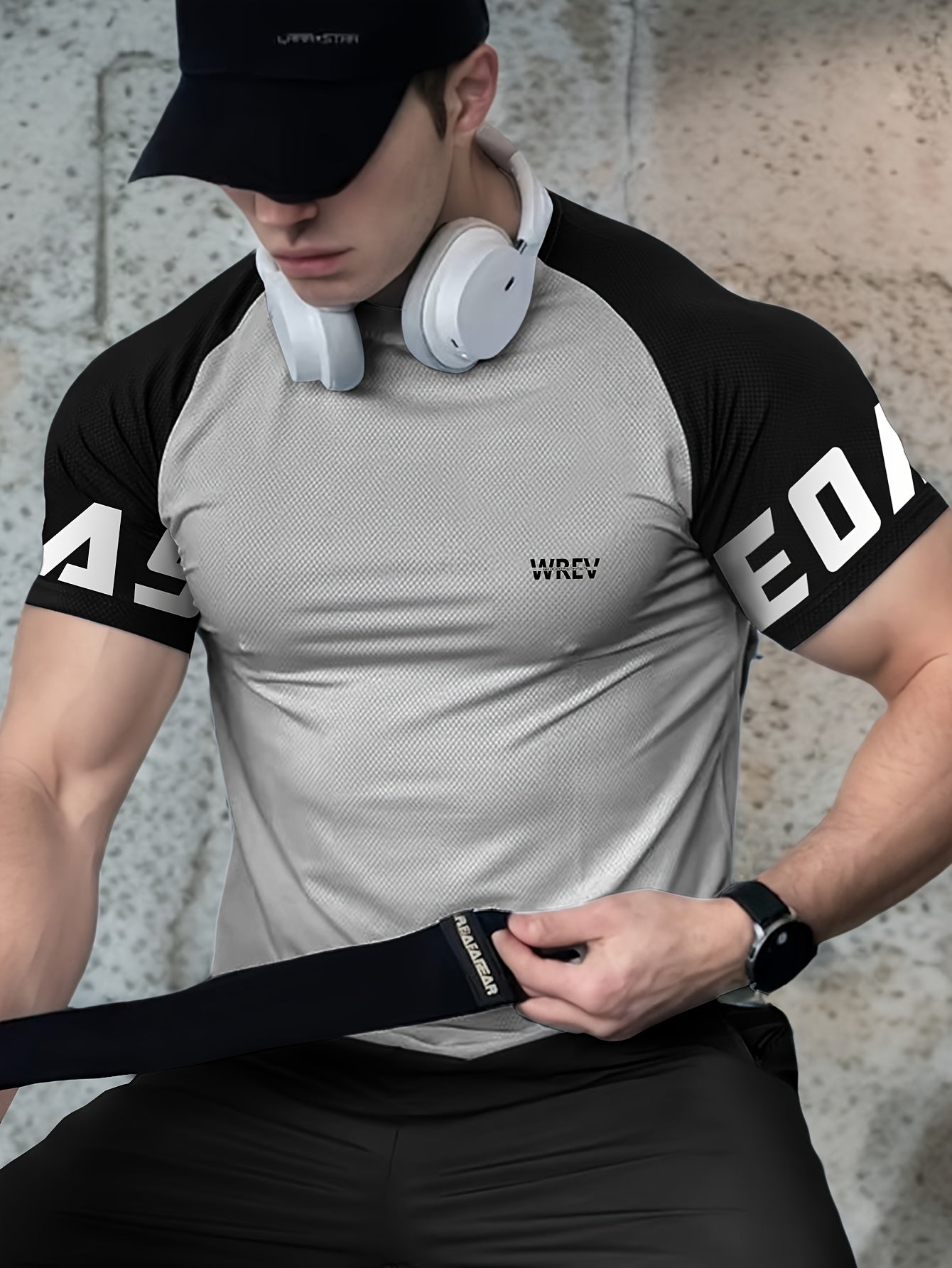 Men's Quick-Dry Breathable Mesh Sports T-Shirt - Summer Gym Workout Top with Contrast Black & White Sleeves & for Man Letter Print, Slim Fit for Running Training Casual Wear, Breathable Running Gear | Sporty Casual Tee | Mesh