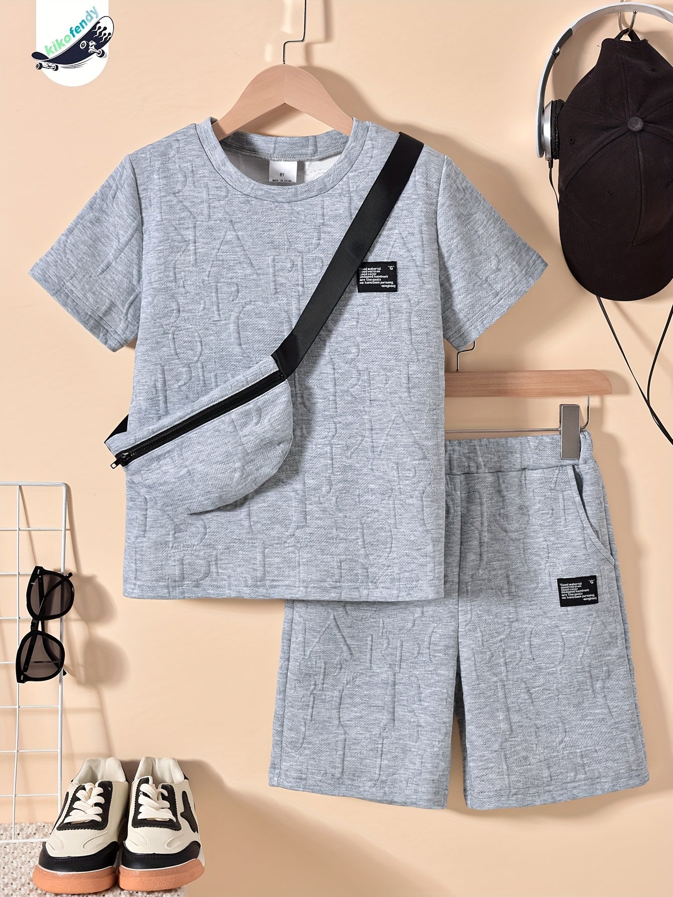 Boys' Stylish White Short Sleeve T-Shirt + Casual Shorts + Fashion Crossbody Bag Set, Perfect for Outdoor