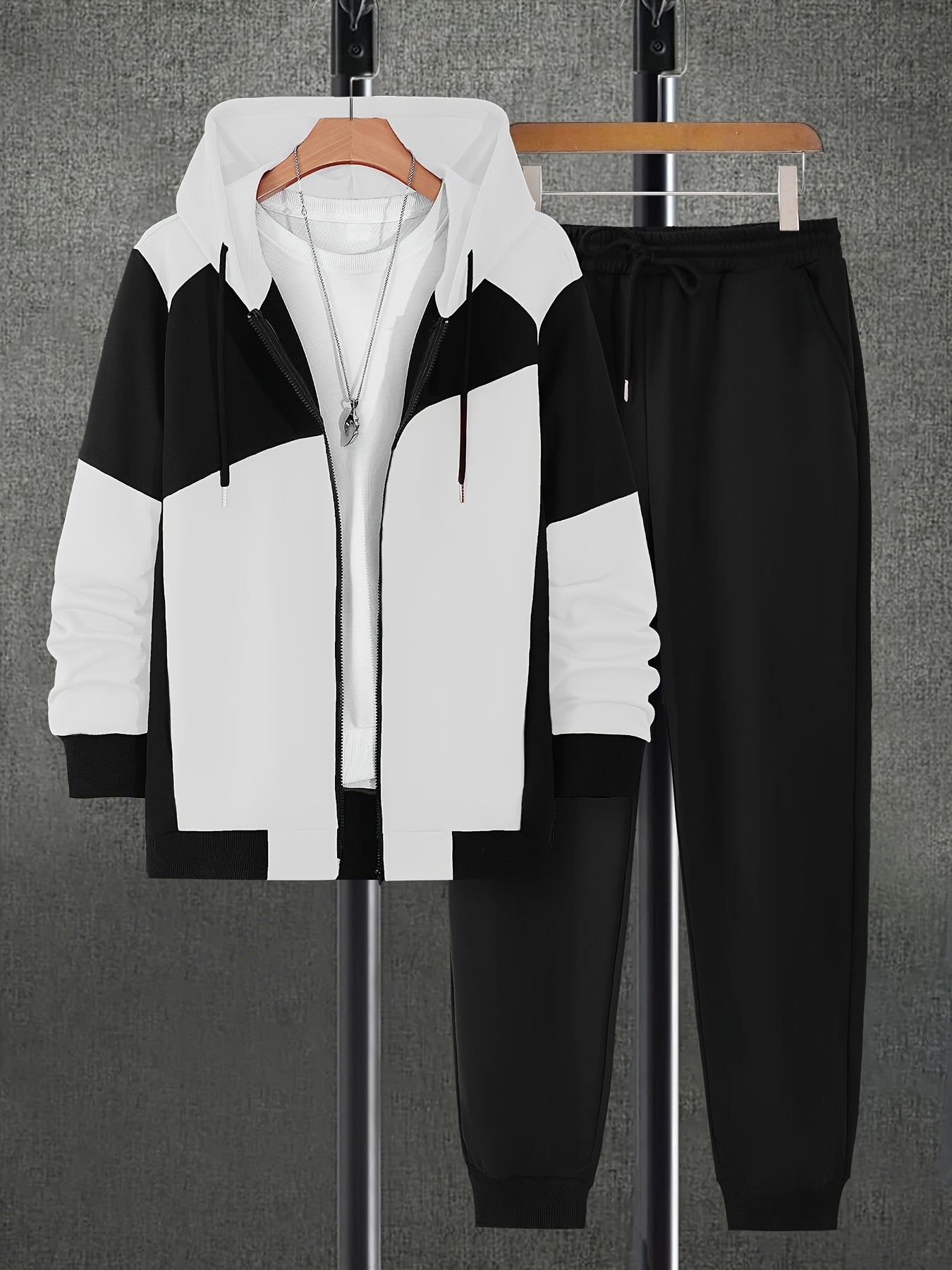 Men's Autumn Color-Blocked Zip-Up Hoodie with Side Pockets And Solid Color Drawstring Long Pants Set.