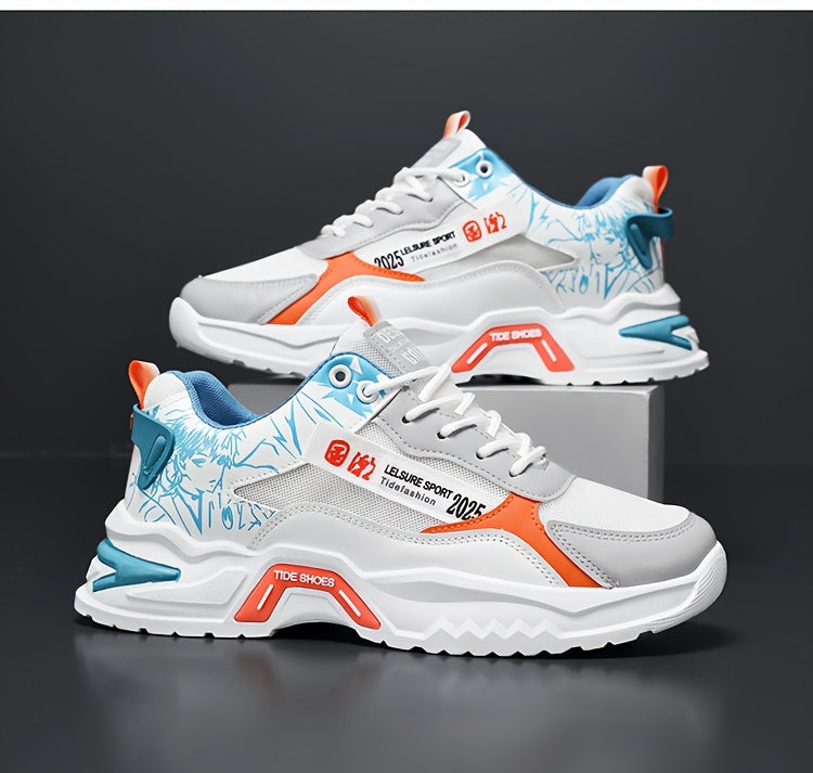 Men's Stylish Platform Sneakers with Wave Pattern - Comfortable, Non-Slip & Durable for Outdoor, Campus Walks & Travel | Lace-Up, Breathable Design, for Autumn, Spring