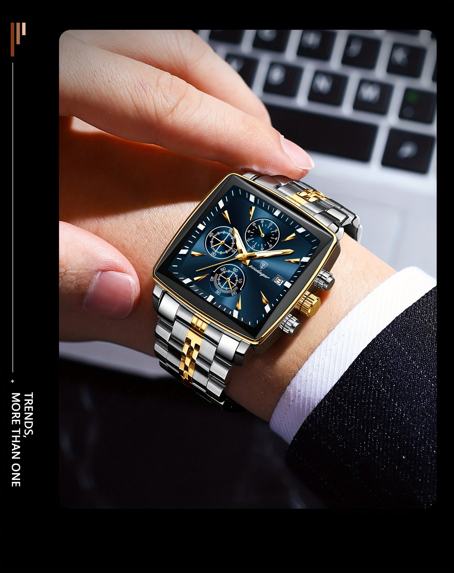 POEDAGAR Men's Stainless Steel Luminous Watch - Blue Dial Chronograph, High Quality Quartz Movement with Date Calendar, Golden-Tone Accents for Business Casual & Casual Attire, Formal Accessory, Stylish Accessory, Refined Cra