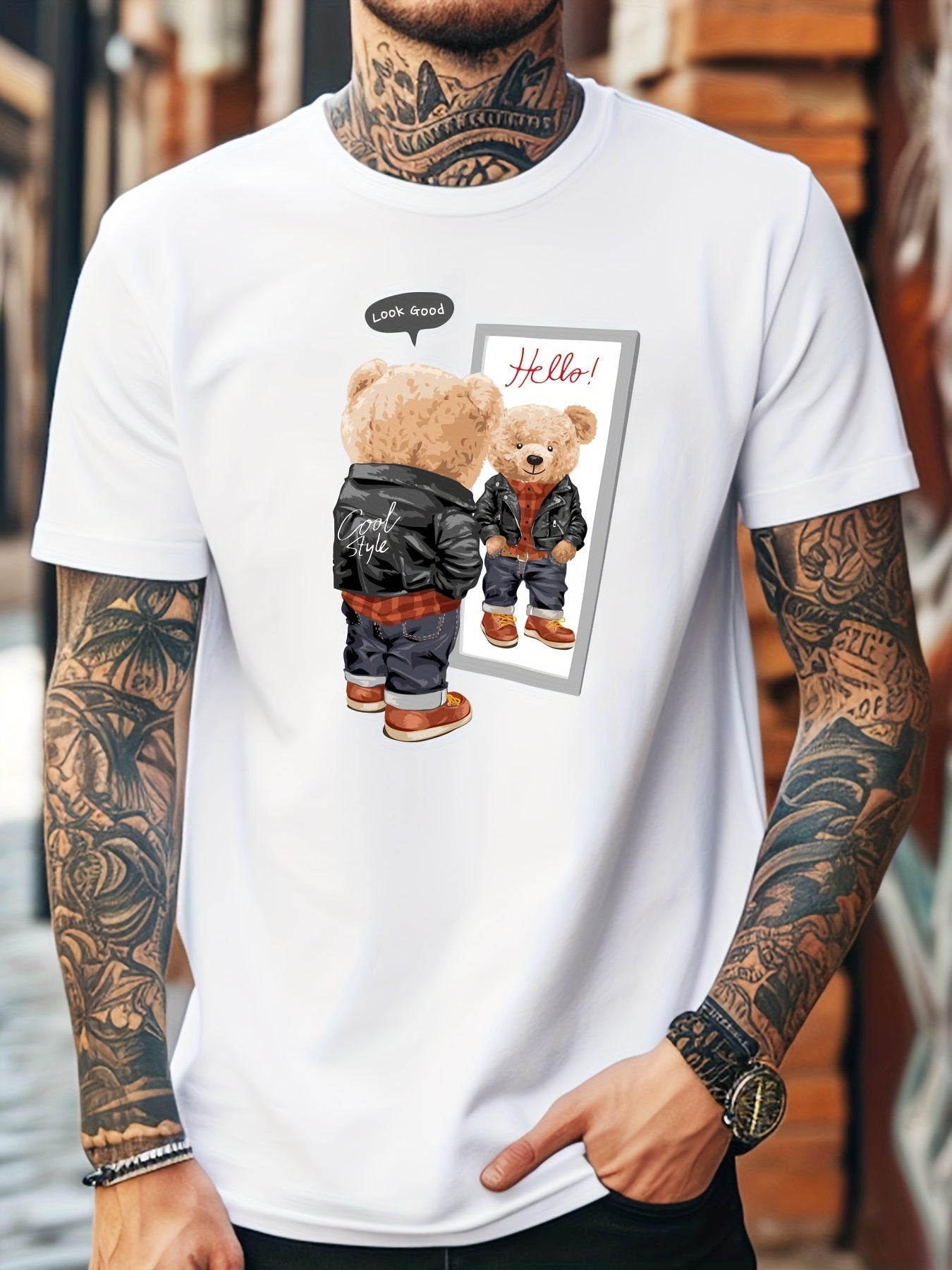 Men's Casual Short-Sleeve T-Shirt with Cool Bear Print - Breathable Polyester Blend, Stretch Fit, Machine Washable - Perfect for Summer, Men's Fashion, Sport