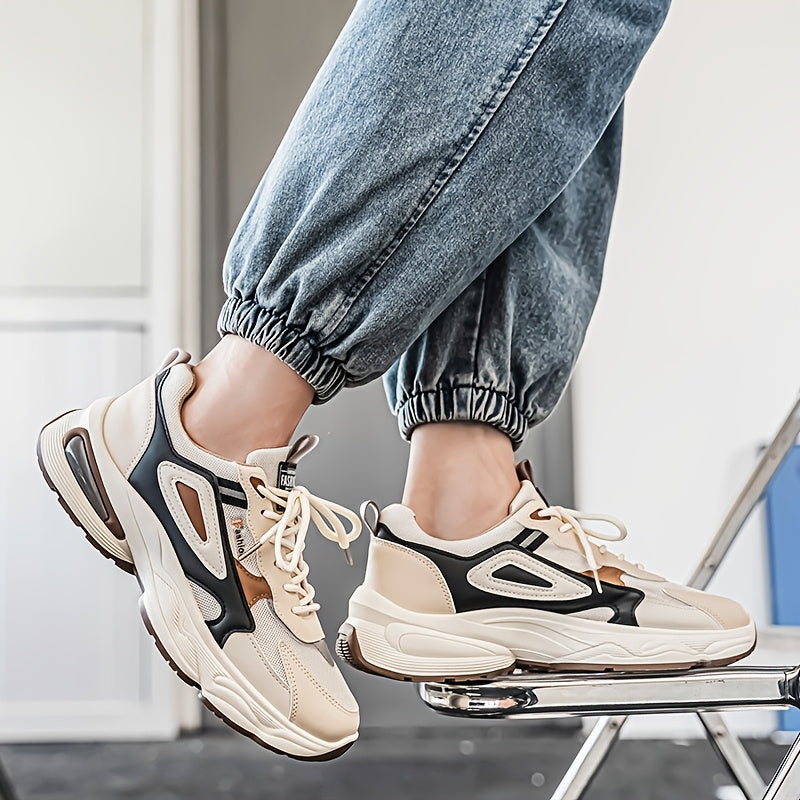 Men's Fashion Sneakers - White/Black/Brown PU Upper, Breathable Fabric Lining & Cushioned EVA Insole, Durable PVC Sole, Lace-Up Mid-Top Design for All-Season Casual & Daily Wear, High Top Sneakers, Versatile Footwear, Modern