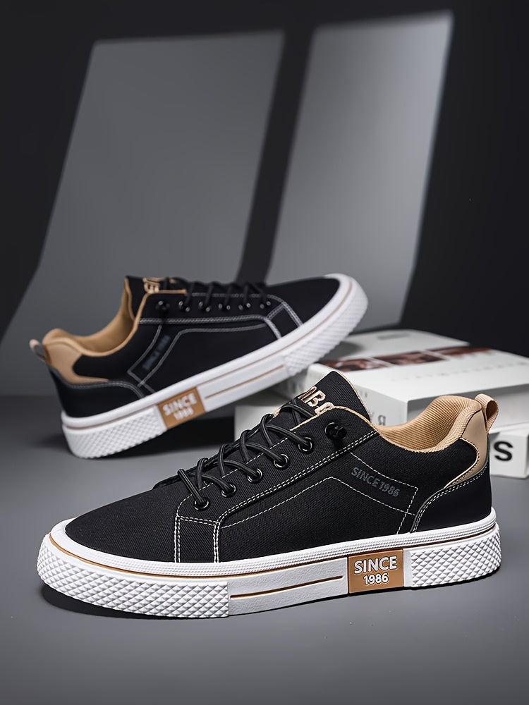 Men's Casual Low-Top Sneakers - Breathable Fabric & Durable PVC Sole, Black & Beige Contrast Design, Lace-Up Round Toe for All-Season Comfort, Versatile for Casual & Semi-Formal Wear, Comfortable Footwear, Fabric Upper