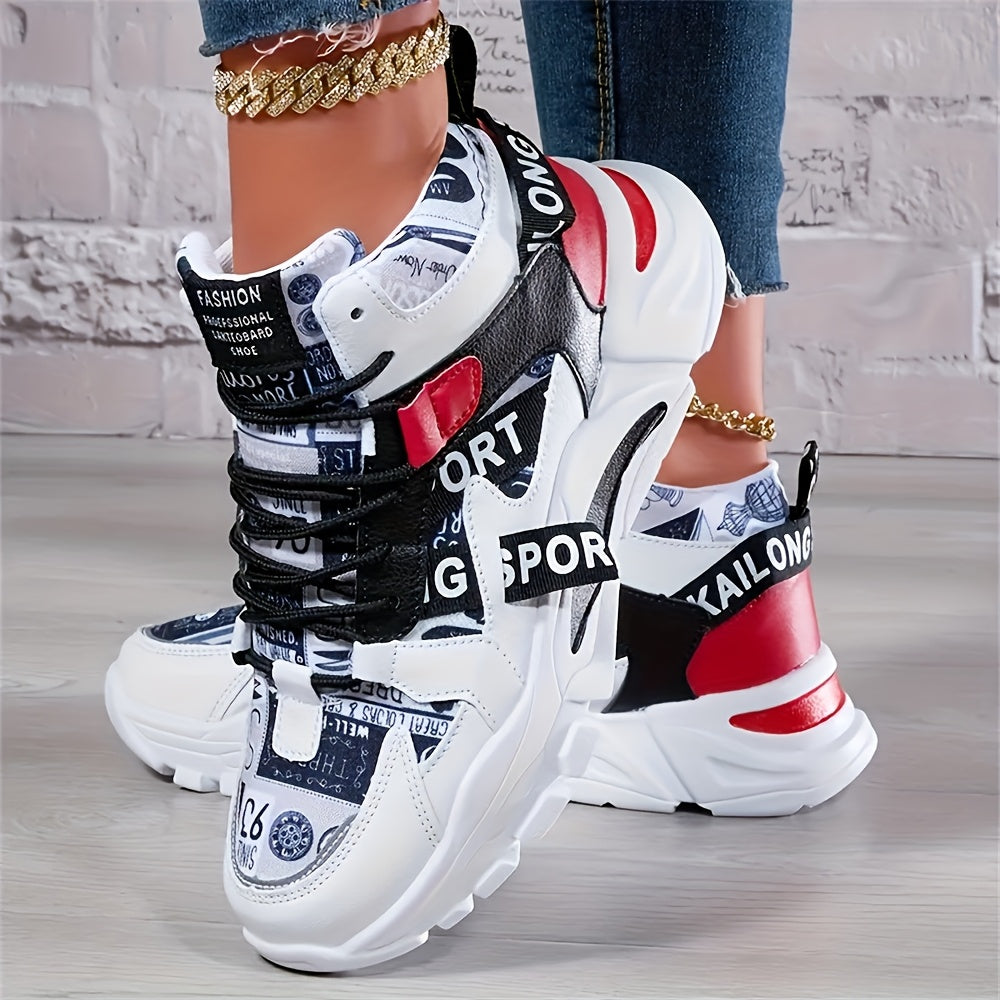 Women'S Comfortable Geometric Patterned Sports Shoes - Lightweight, All-Season, Mid Top, Lace Up, Plain Toe, Polyurethane Upper, Fabric Inner and Insole, MD Sole, Random Printing