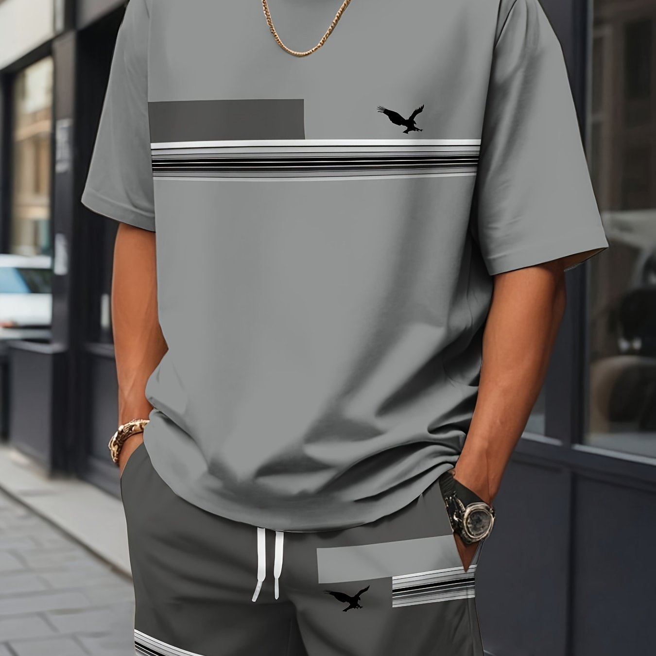 Men'S Casual Summer Two-Piece Athletic Wear Set - Light Blue T-Shirt with Green & White Stripes, Matching Shorts, Perfect for Daily Leisure, Vacation, and Sports, Casual Sportswear | Relaxed Fit Shorts | Stretchable Fabric