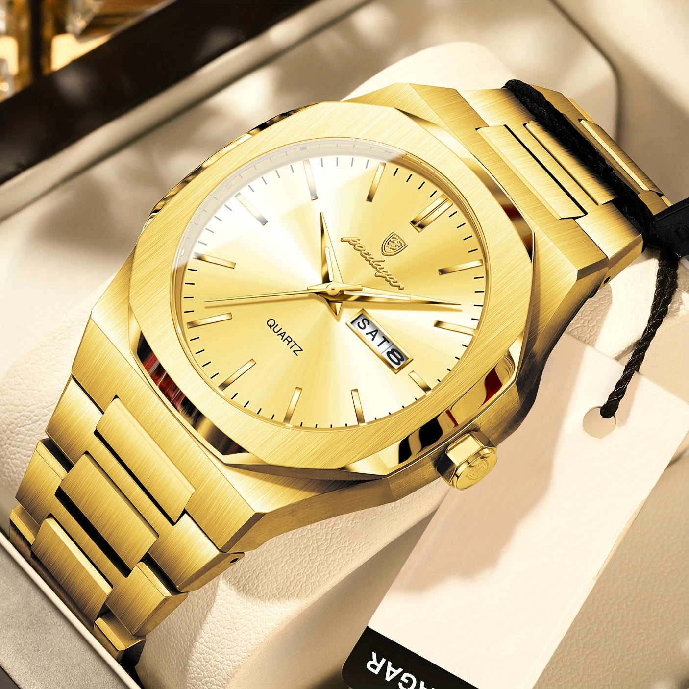 POEDAGAR Men'S Luxury Quartz Watch - Waterproof, Luminous Calendar, Stainless Steel Band, Business Style, Blue & Golden Accents, 3ATM, Non-Rechargeable Button Battery, Perfect for Spring Festival & Valentine'S Day Gifts