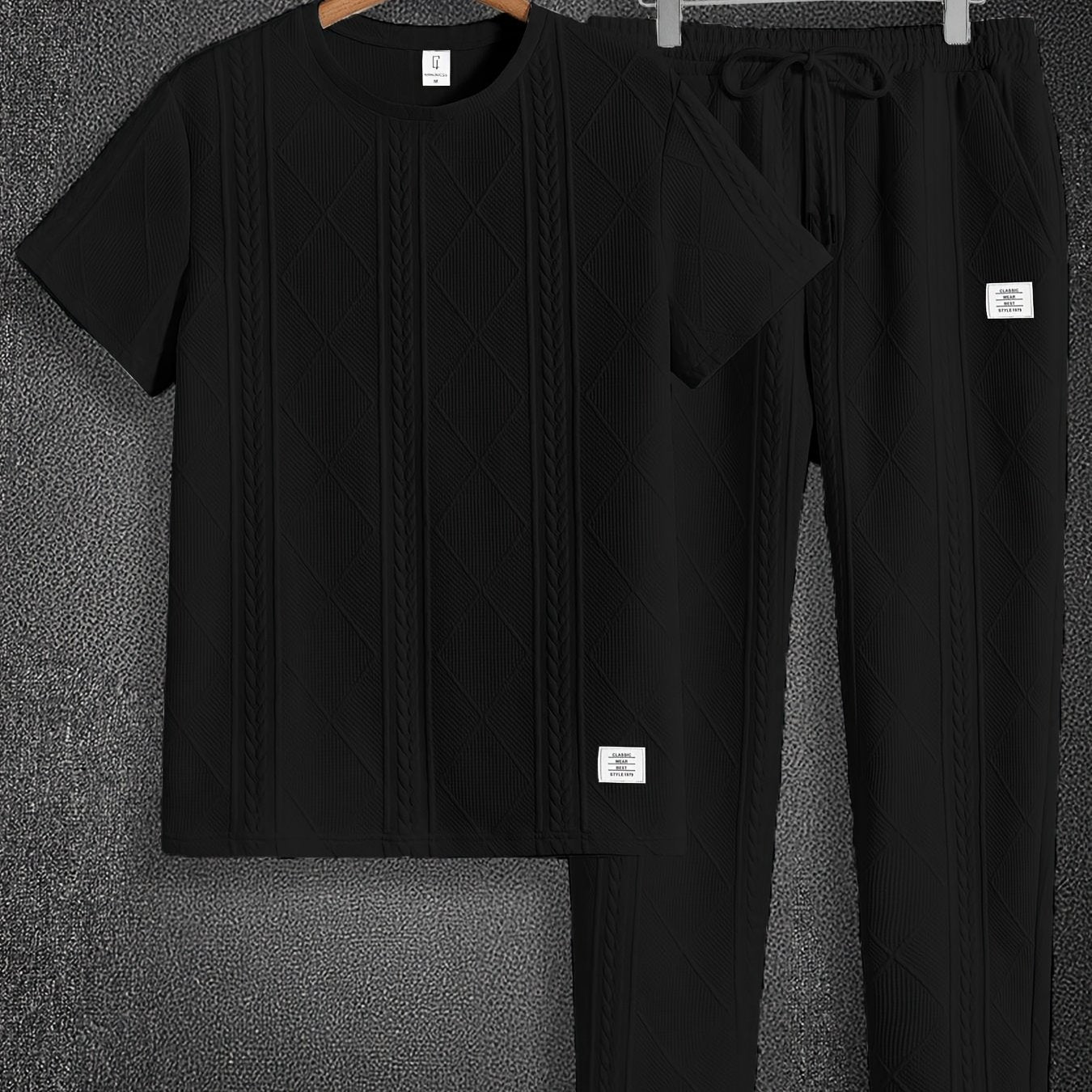 Men'S Textured Round Neck Short Sleeve Pullover & Woven Pants Pajama Set - Brown, Casual Home Wear with Drawstring Waist, Summer Comfort, Everyday Pajamas | Casual Style | Comfortable Fit, Pajamas