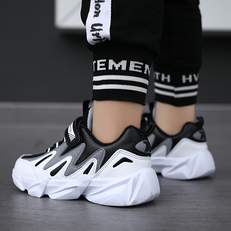 Boys' Athletic Sneakers with Hook-and-loop Fastener Strap - Casual Outdoor Sports Shoes, PU Upper, EVA Sole, Striped/Diamond Pattern, All-Season Wear, Boy Shoes