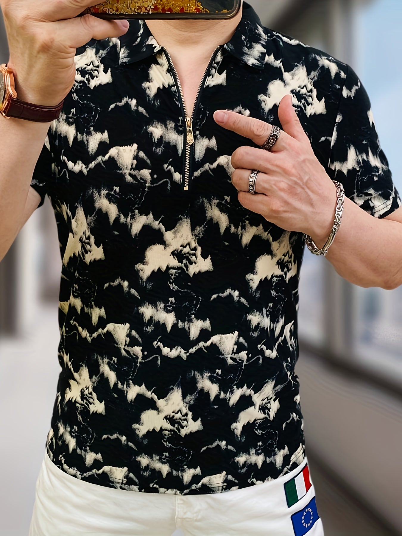 Men's Summer Short Sleeve Shirt - Breathable Color-Block Abstract Print, Stand Collar Casual Regular Fit, Hand Wash Only for Casual Attire, Trendy Fashion, Lightweight Fabric