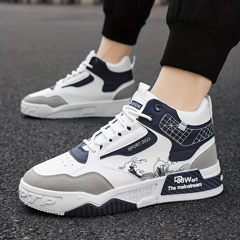 Men's High-Top Skate Sneakers - Comfortable, Non-Slip Casual Shoes for Outdoor Walking & Jogging, Stylish Striped/Solid Design, Lace-Up, All Seasons