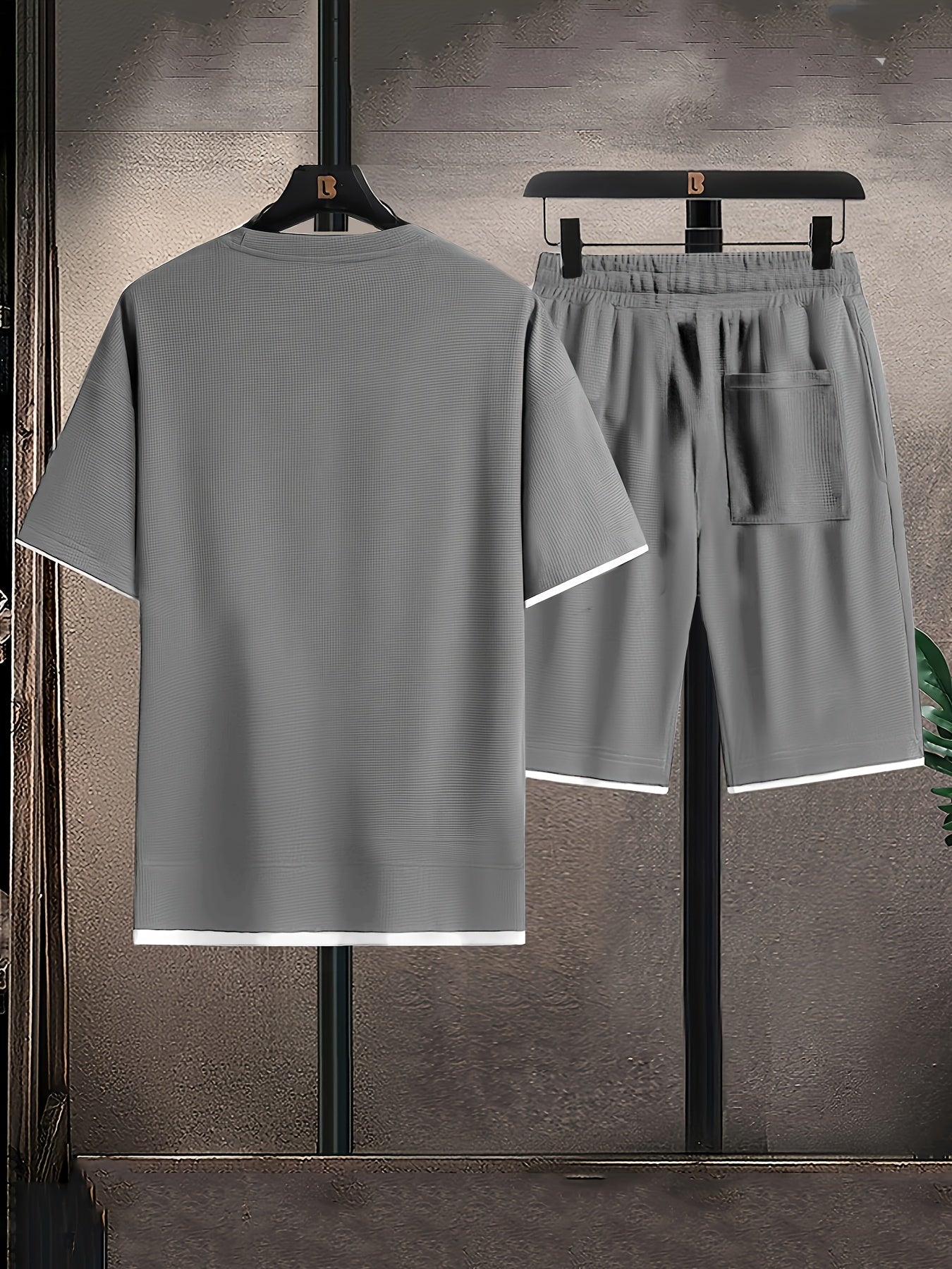Waffle Grid Men's Trendy Round Neck T-shirt Breathable Casual Sports Suit Loose Two-Piece Set