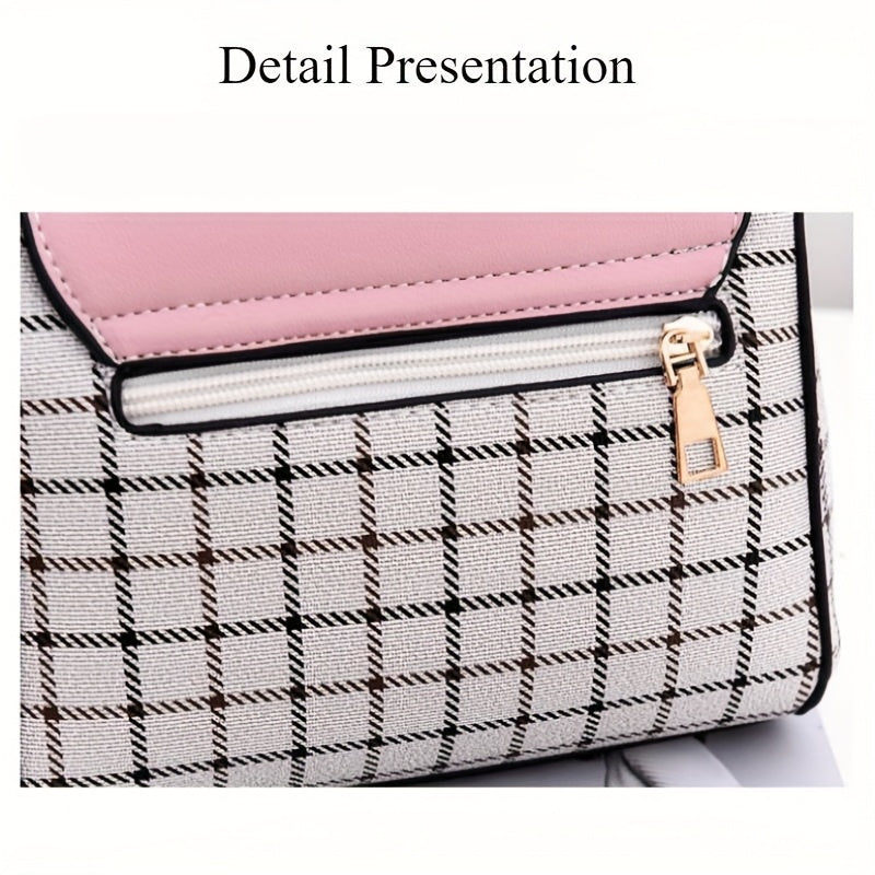 Women'S Vintage Plaid Crossbody Bag with Detachable Shoulder Strap, Zipper Closure, Polyester Lining & Edge Paint - Pink & Black Checkered Design, Perfect for Teens & Women, Ideal Gift for Birthdays, Anniversaries, Valentine'