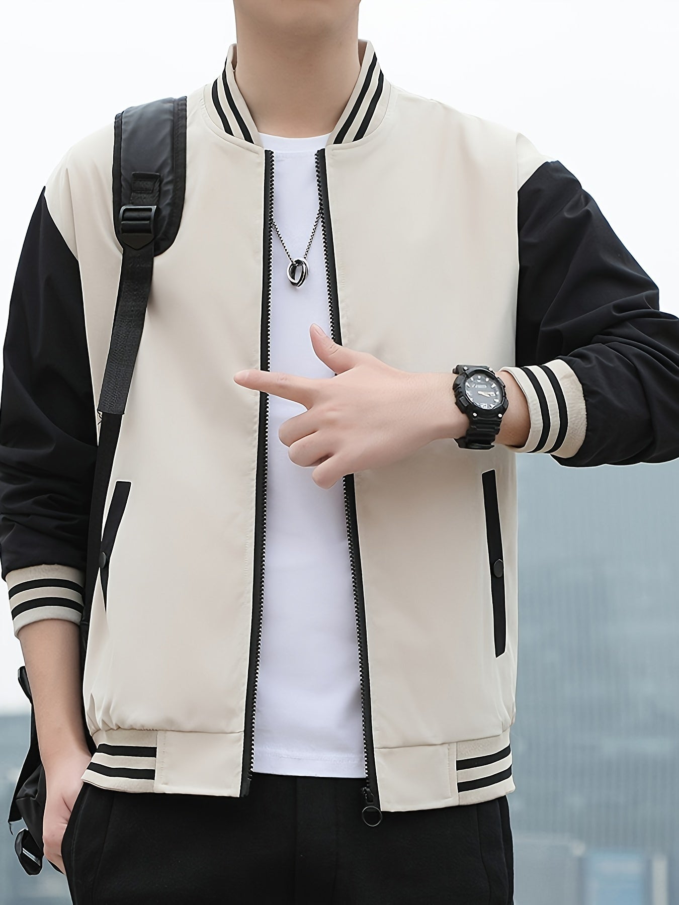 Men'S Lightweight Geometric Pattern Bomber Jacket - Casual Long Sleeve Zip-Up with Pockets, White & Gray, Polyester Lining, Perfect for Fall, Autumn Jacket