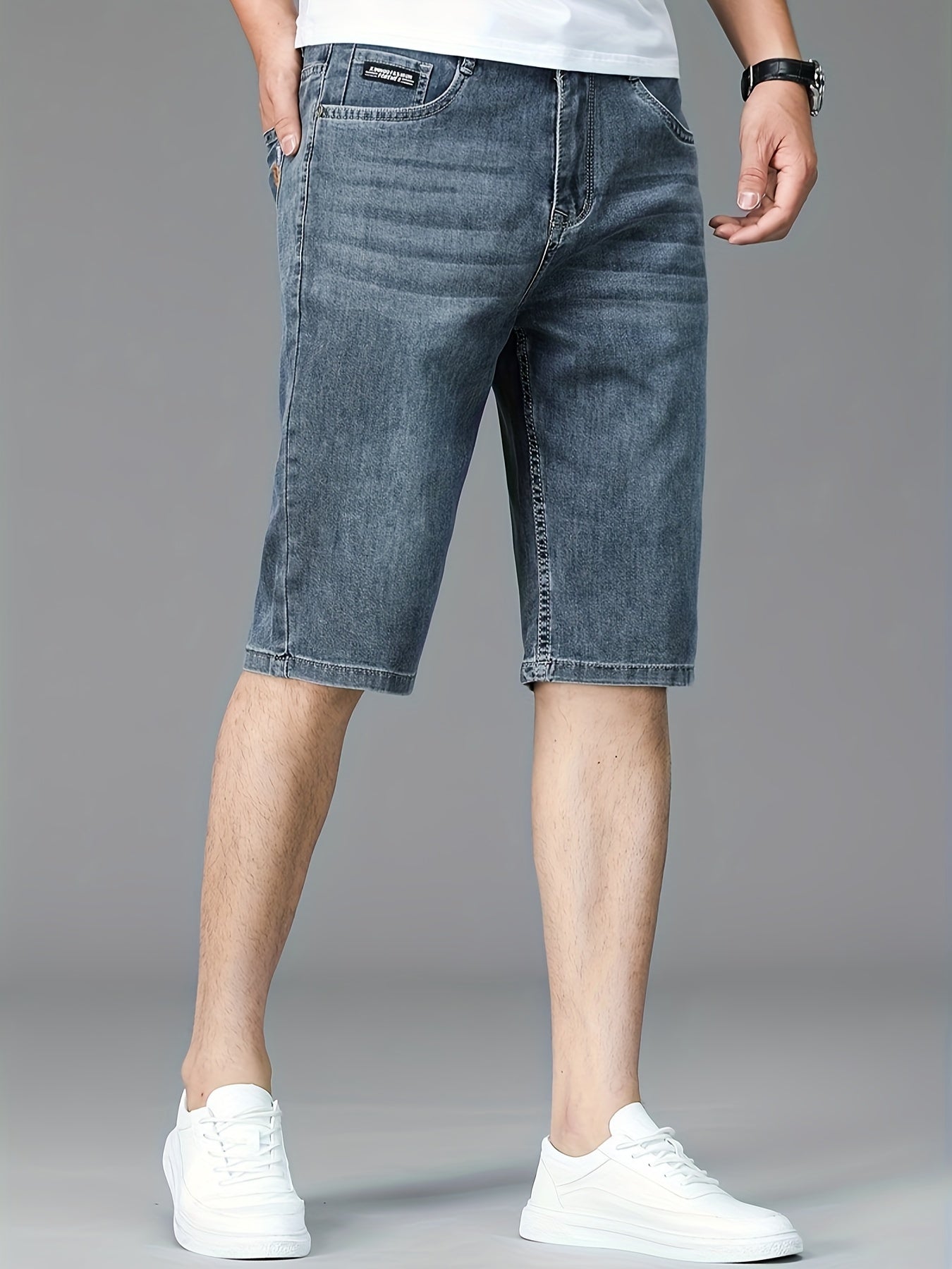 Men's Slim-Fit Denim Shorts - Casual Business Style, Mid-Waist, Stretch Fabric, Knee-Length with Pockets