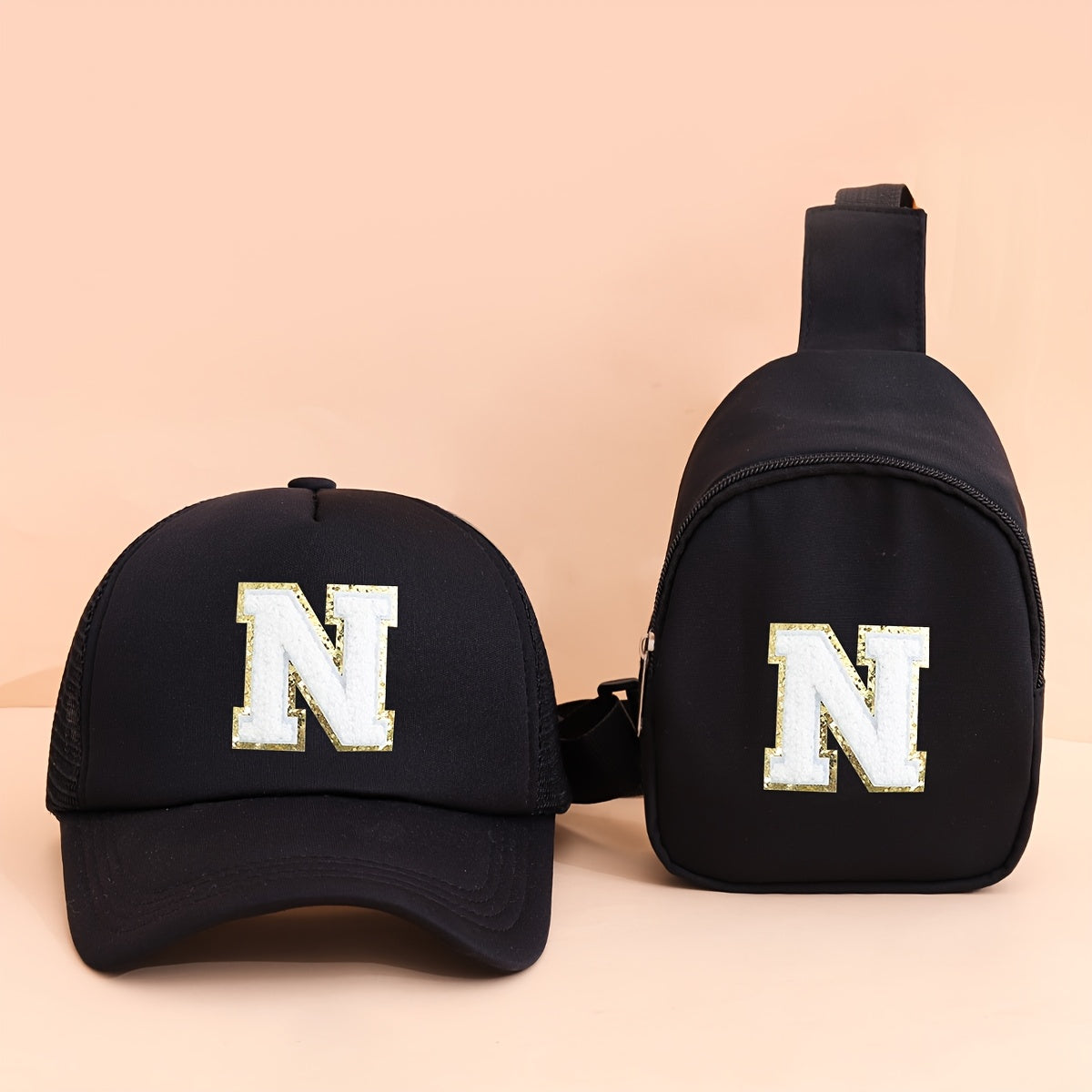 2pcs Kids' Printed Alphabet Pattern Set, Includes 1 Black Stylish Breathable Trucker Hat and 1 Black Crossbody Bag, Lightweight Sun Hat with Small Coin Purse, Suitable for Boys and Girls Aged 5-10 for Daily Outings and Back-t