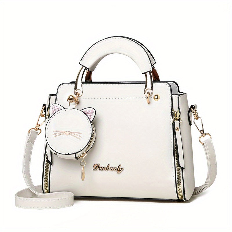 Women'S Fashion 2023 Embroidered Cat Design Messenger Bag, Removable Strap, Zipper Closure, Polyester Lined, Casual Shoulder Handbag with Edge Paint Detail