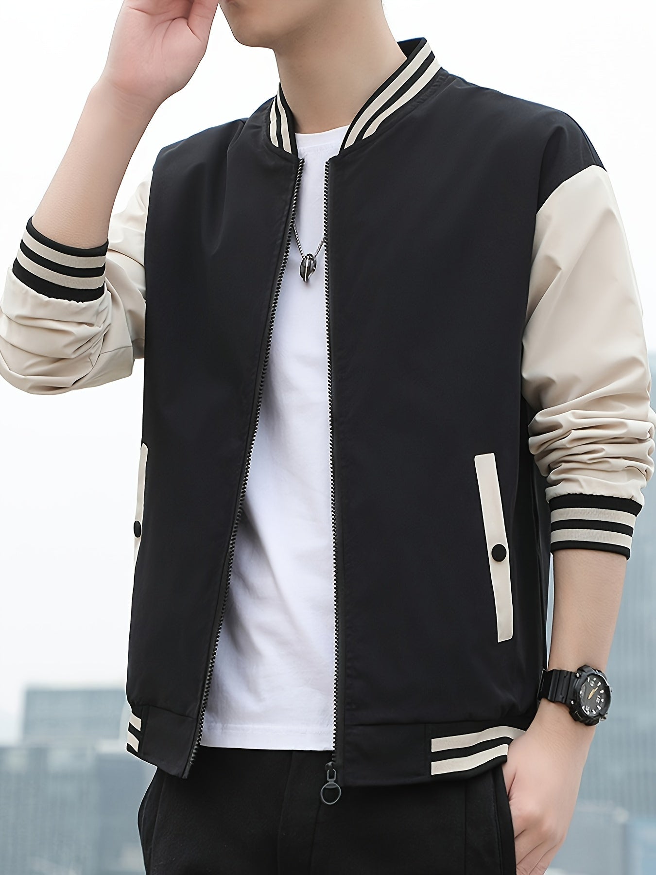 Men'S Lightweight Geometric Pattern Bomber Jacket - Casual Long Sleeve Zip-Up with Pockets, White & Gray, Polyester Lining, Perfect for Fall, Autumn Jacket