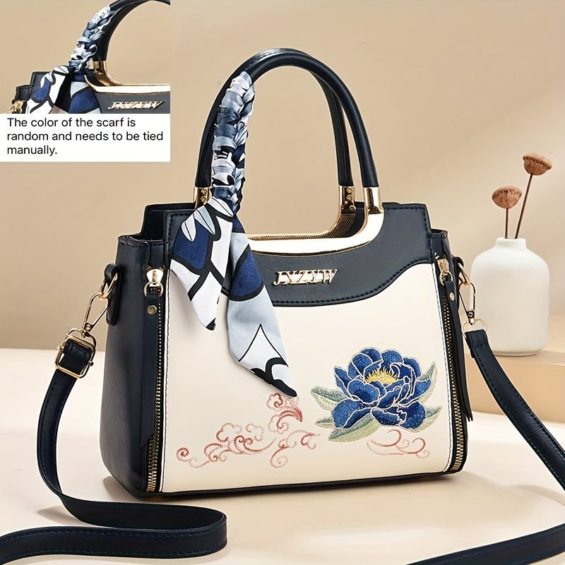 Stylish Women's Large Capacity Handbag with Floral Embroidery, Color-Block Design & Golden-Tone Hardware - Navy/Green/Wine Red, Polyester Lining, Secure Zipper Closure, Durable Commuter Tote for Work, Travel, Gift