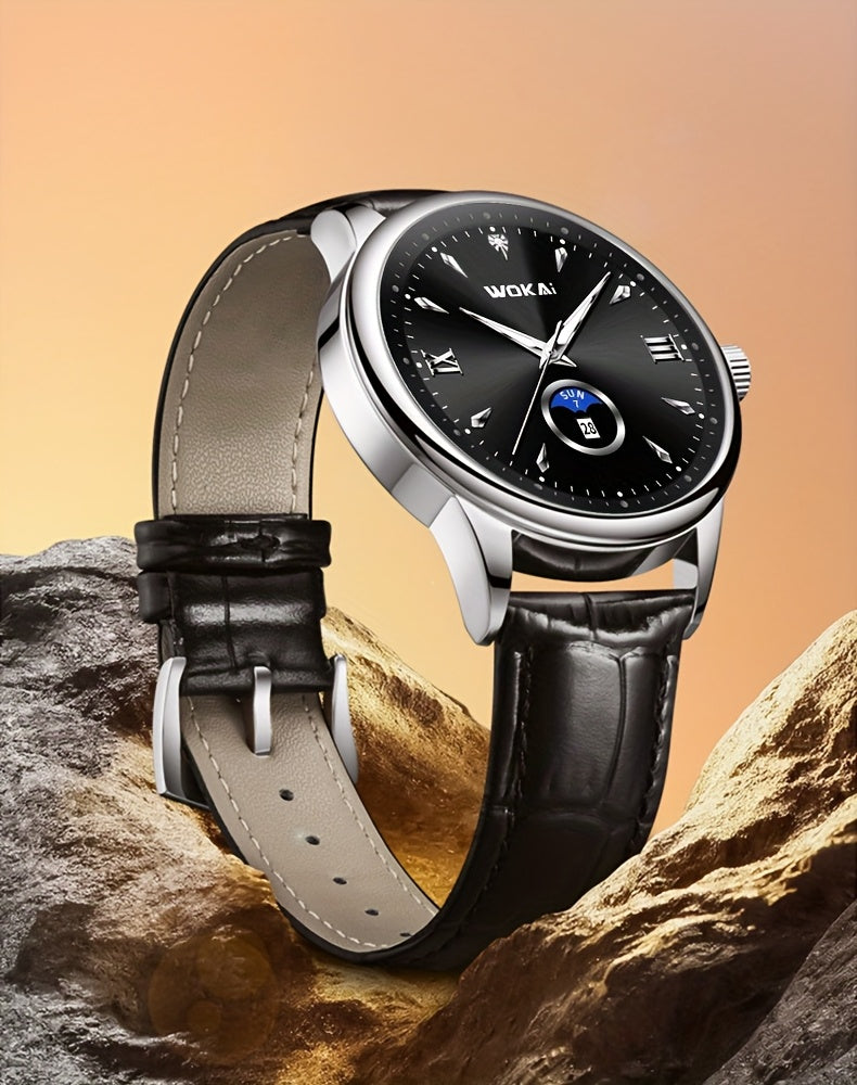 WOKAI Men's Sporty Watch with Glowing Dial, World Time & Date, Round Plastic Case, Faux Leather Strap, Battery-Powered, Perfect Gift for Spring & Summer