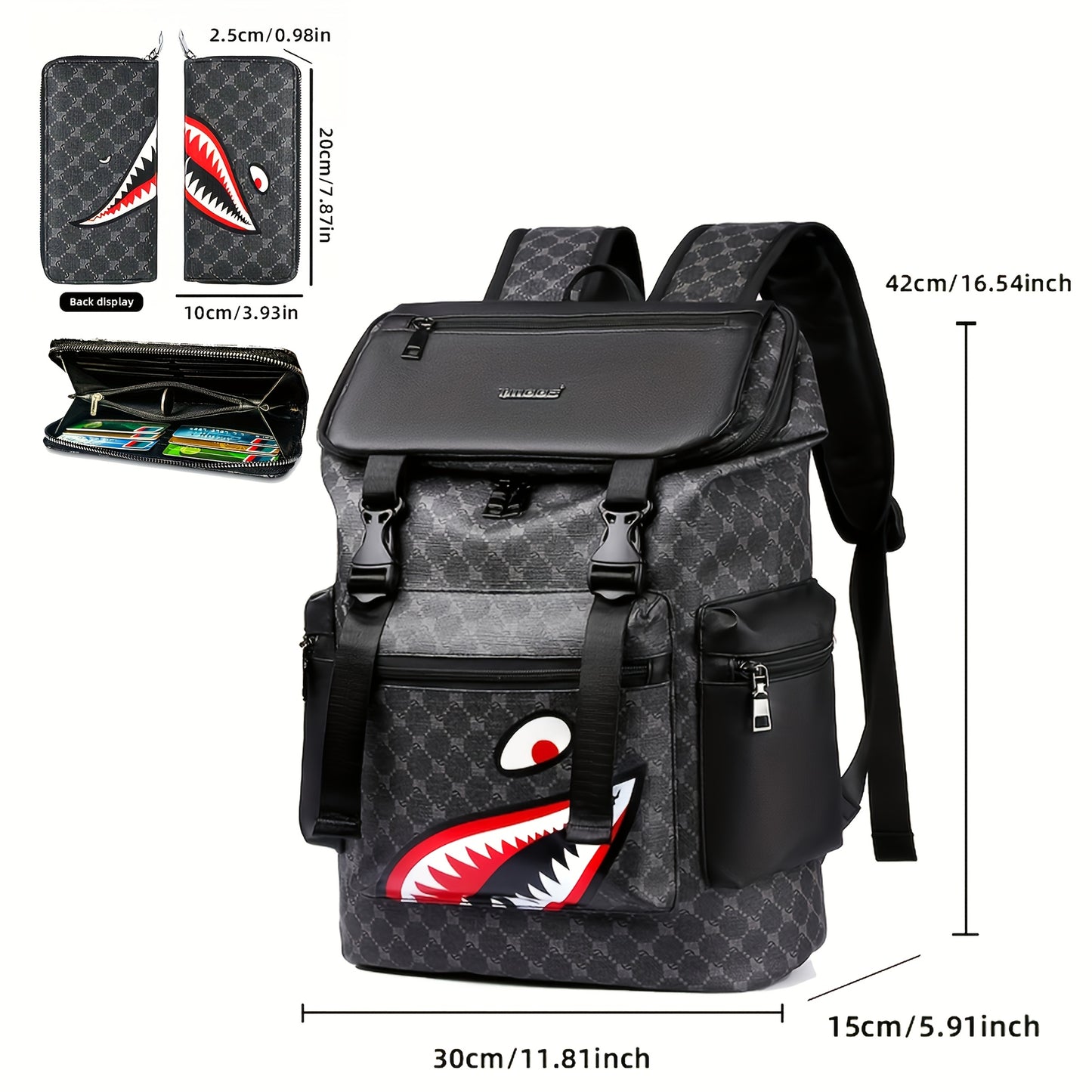 Men'S Stylish Black Backpack with Shark Graphic - Lightweight, Large Capacity, Multi-Functional Shoulder Bag for Travel, Commuting, School - Durable PVC Material, Sports & Fitness Design, Backpack for Travel