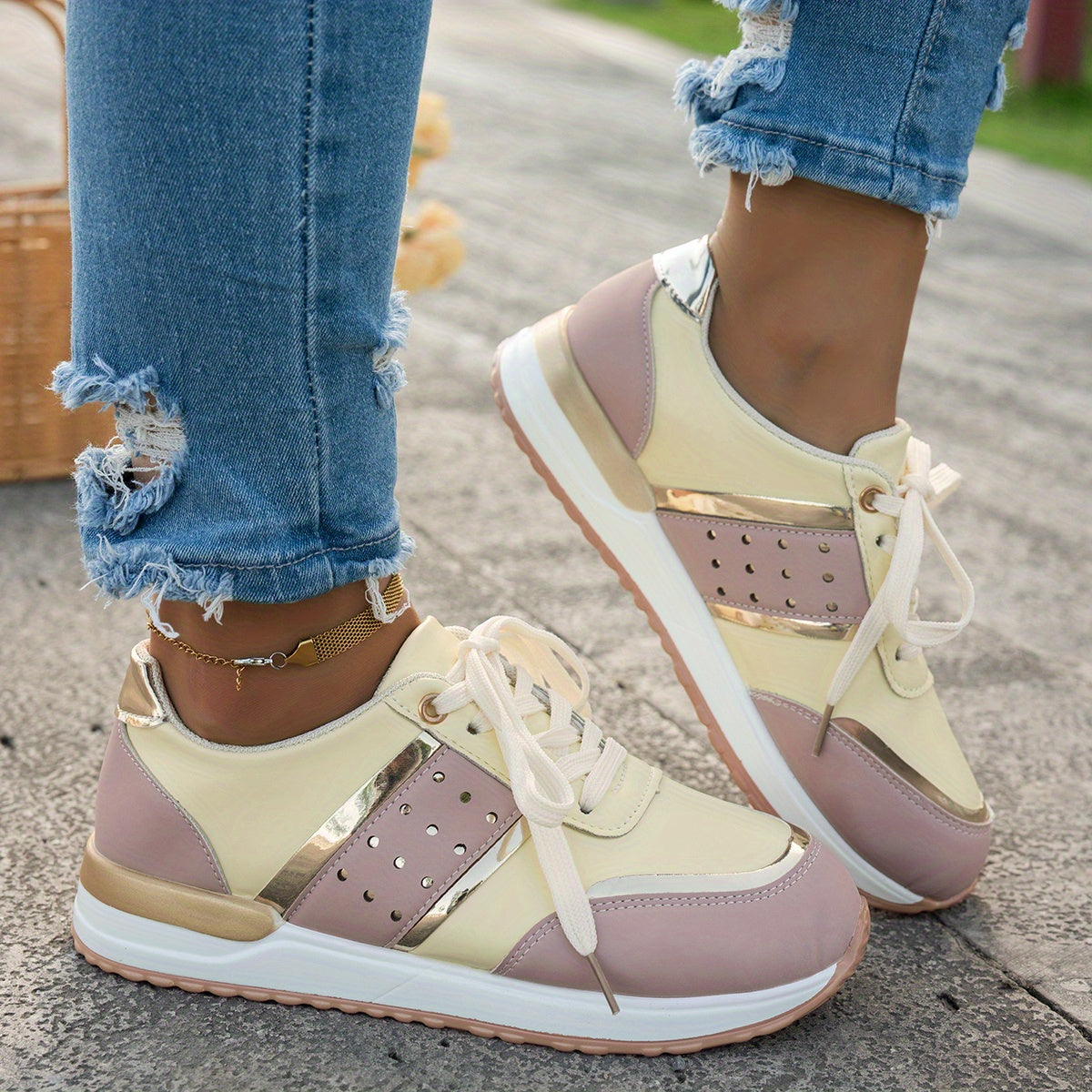 Women'S Chunky Platform Sneakers - Pastel Yellow & Pink Synthetic Cover Low-Top Lace-Up Shoes with Golden Accents, Breathable Fabric Lining, Durable PU Sole for All-Season Casual Wear, Ladies Sneakers, Comfortable Footwear