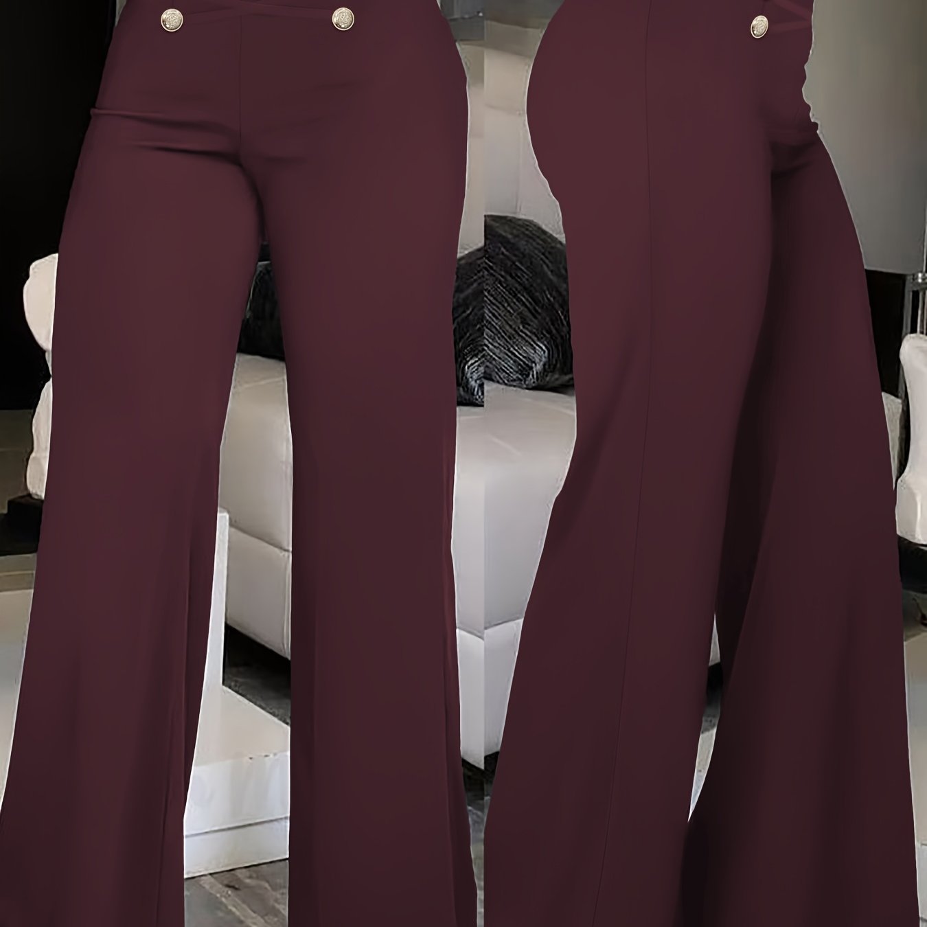 Elegant Double-Breasted Waistband Casual Pants, Solid Color, Polyester, Machine Washable - All Seasons, Queen Style, High-Grade Design