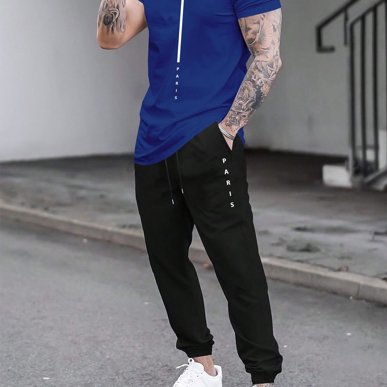 1set Men'S Casual Sportswear Set, Geometric Pattern Short Sleeve T-Shirt and Drawstring Joggers, Knitted Polyester and Elastane Blend, Round Neck, Regular Fit, Four Seasons Outfit