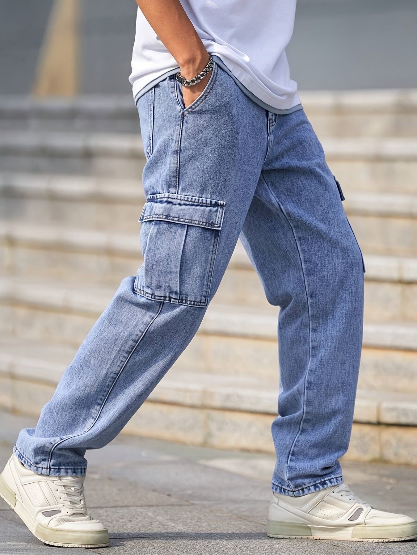 Men's Multi-Pocket Cargo Jeans - Casual Loose Fit Denim with Flap Pockets, Durable Cotton Blend, Ideal for All Seasons, Casual Wear Pants | Classic Blue Jeans | Cotton Blend Jeans