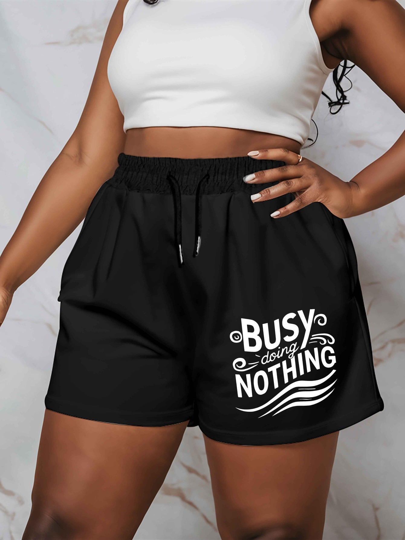 Busy doing nothing 2025 New Plus Size Women'S Shorts Summer Casual Versatile Medium Pants Sports American Trendy Outerwear Extra Large Five-Fifth Pants Summer Beach Pants - Polyester, Casual, Summer, Track Shorts, Slight Stre