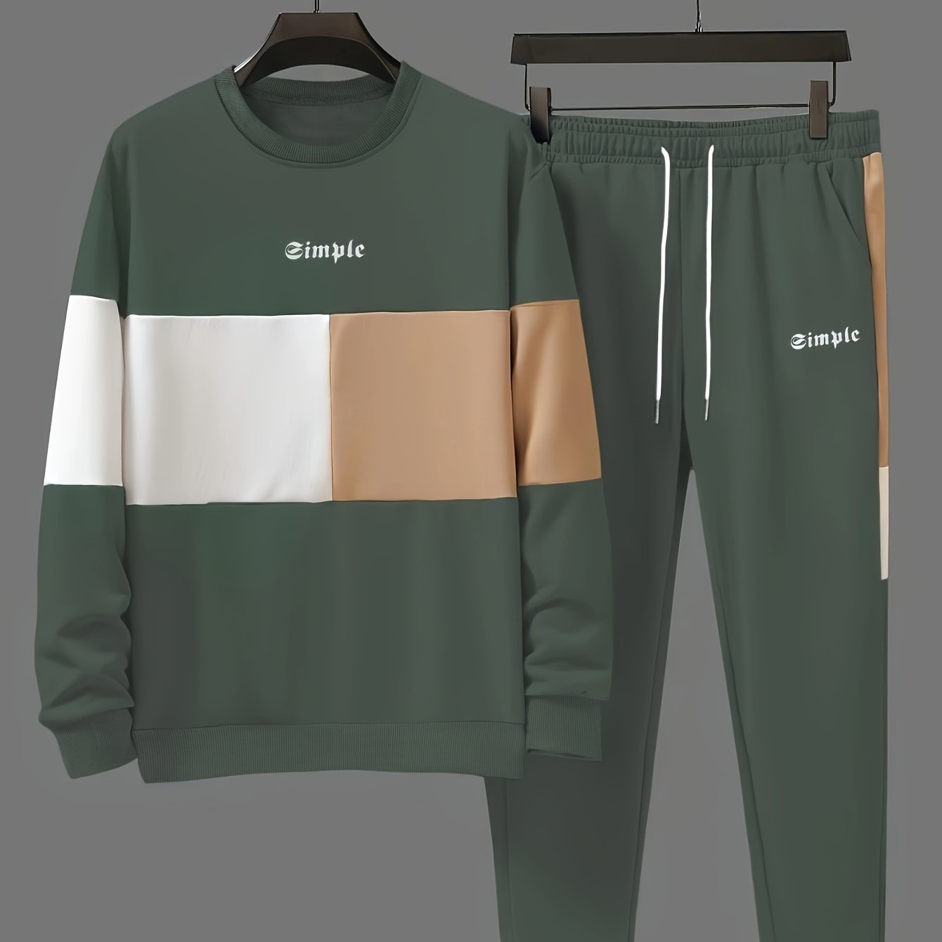 Men's Casual Crew Neck Sweatshirt & Joggers Set - Color Block, Polyester Blend, Machine Washable - Perfect for Spring/Fall, Leisure Style, Conventional Version, Spring/Autumn