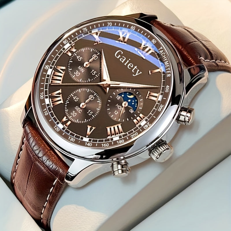 1pc GAIETY Men'S Luxury Quartz Watch with Matching Faux Leather Belt, Round Alloy Case, Non-Rechargeable Battery - Fashion Business Sport Watch Combo
