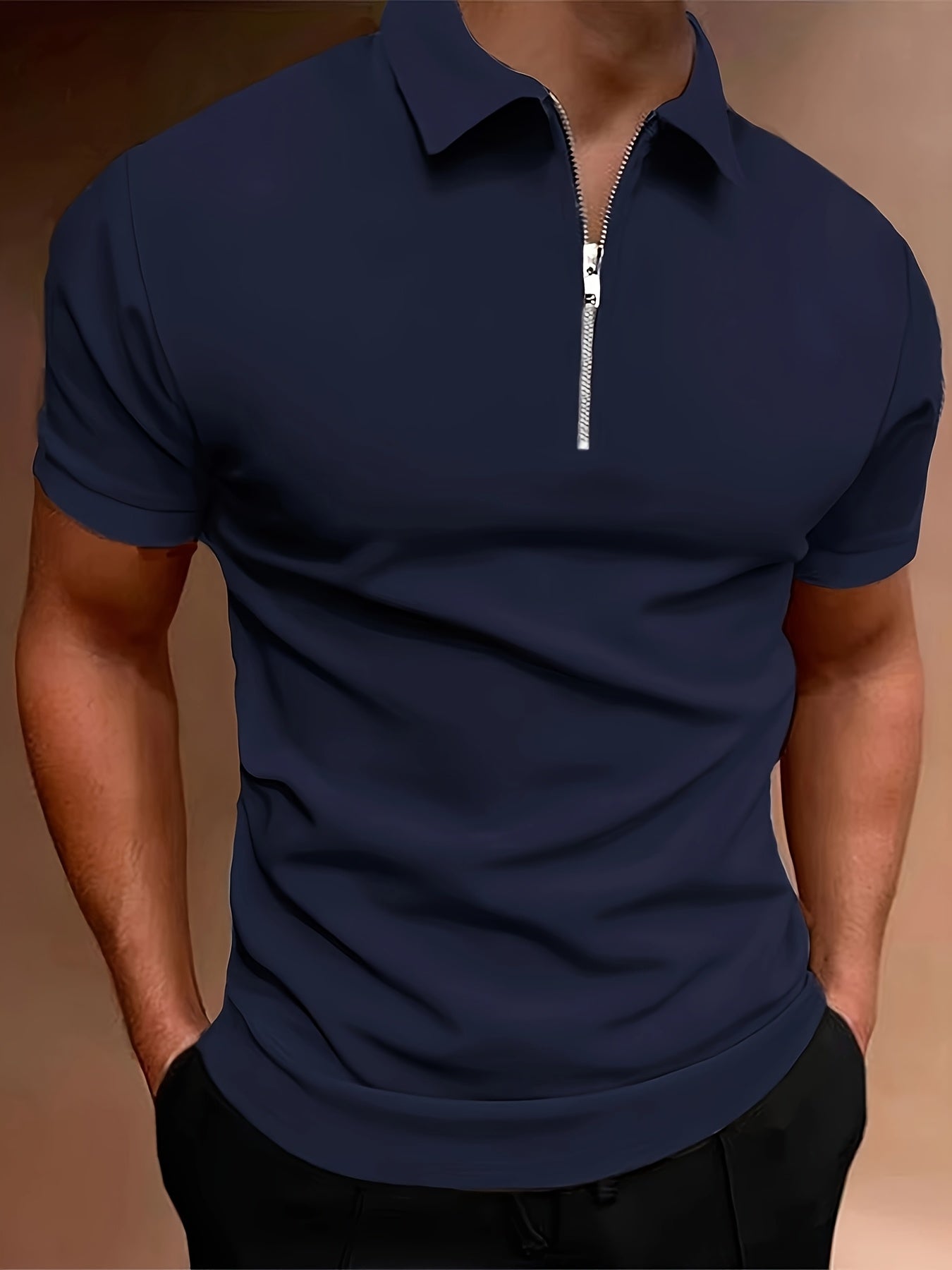 Casual Stretch Men's Solid Color Zipper Lapel Golf Shirt, Male Summer Streetwear