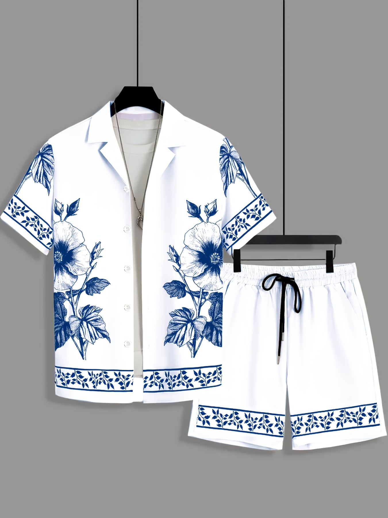 Men'S Two Sets Summer Print Short-Sleeved Shirts + Drawstring Sports Shorts Sets Suitable for Casual Hawaiian Vacation Sports Wea