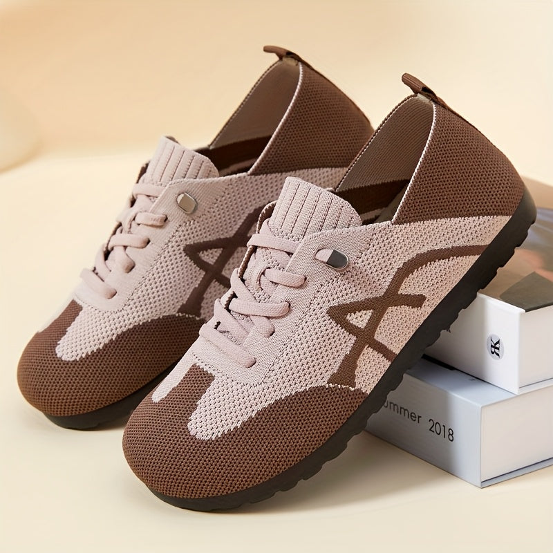 Women's Lightweight Breathable Slip-On Sneakers - Casual Low-Top Shoes with Knit Fabric Upper & Durable PVC Sole, Comfortable for Indoor Outdoor Spring Wear, Brown & Black, Ladies Sneakers