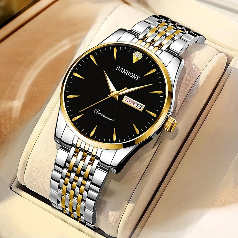 Banbony Unisex Stainless Steel Quartz Watch with Rhinestone Accents, Water-Resistant IPX7, Sleek HD Dial, Date Display, Golden-Tone Finish - Ideal for Casual Wear, Parties, and Gifts