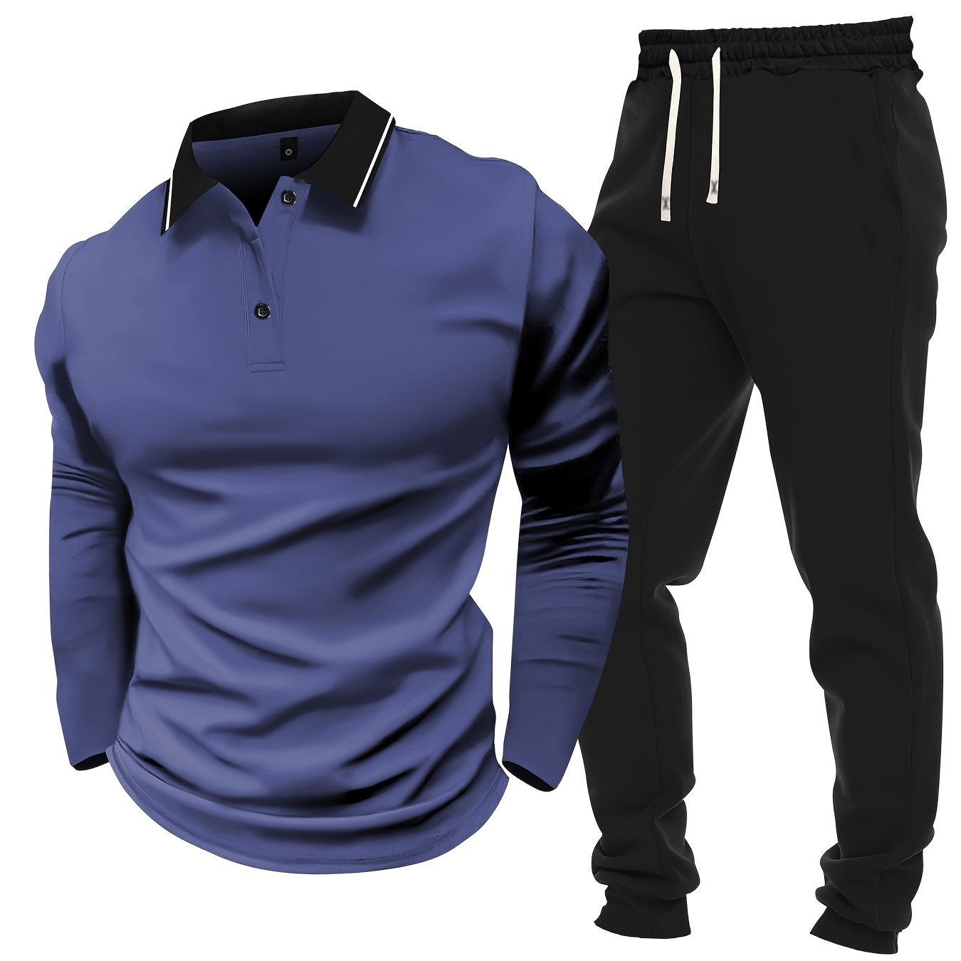 Men's Casual Color-Block Long Sleeve Button-Up Shirt & Drawstring Joggers Set - Polyester Blend, Pockets Included, Perfect for Spring/Fall